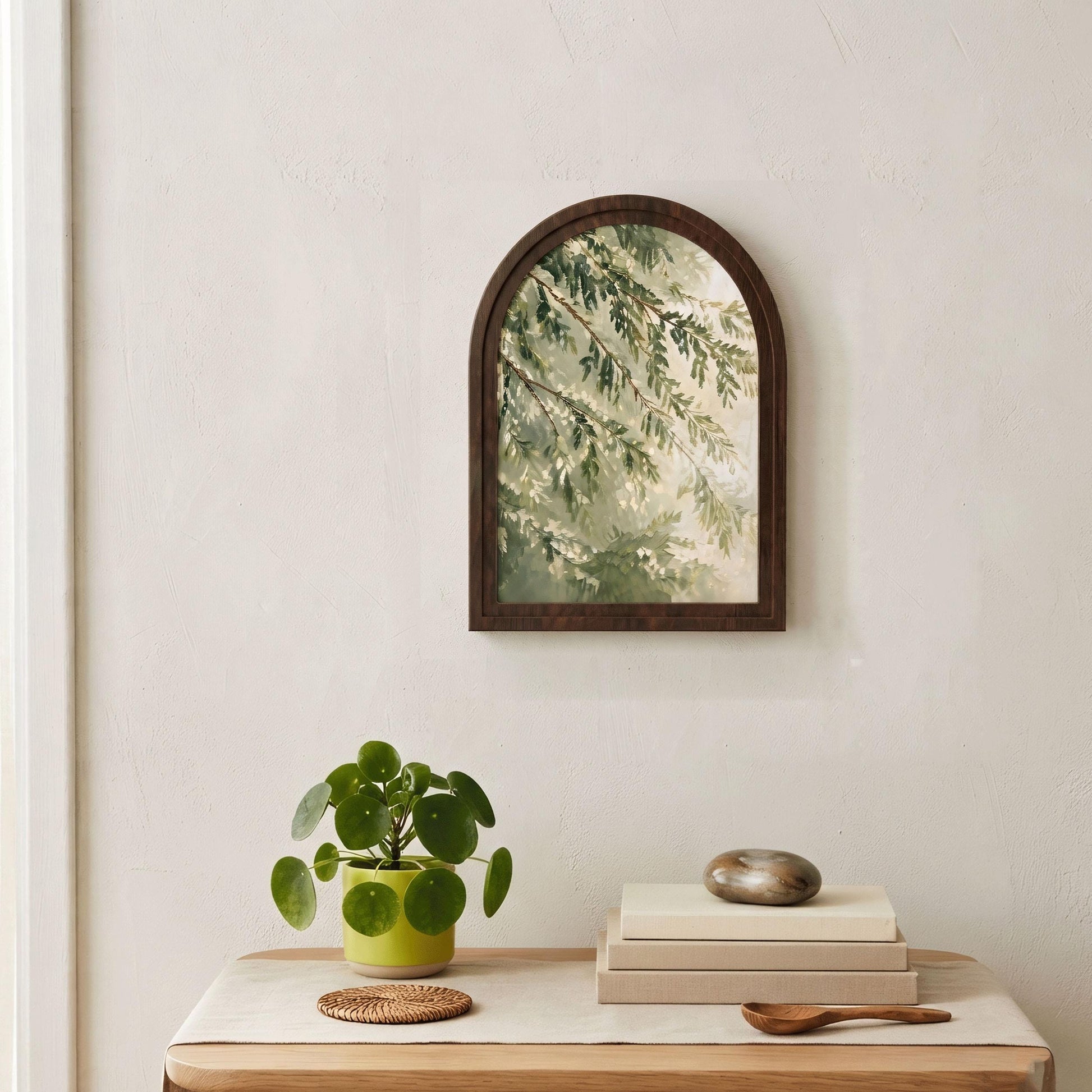 Serene Green Canopy Wall Art, Textured Botanical Tree Branch Painting, Arched Wood Frame, Nature Inspired Home Decor, Woodland Gift - Image 5