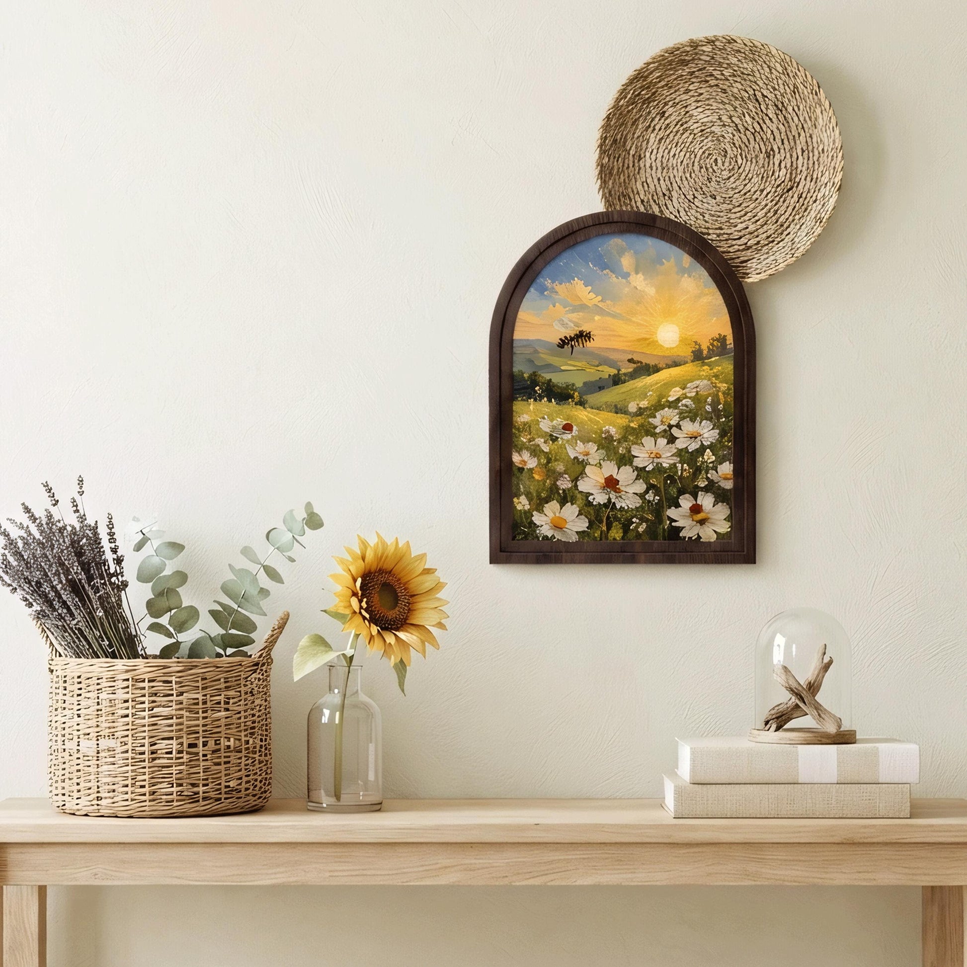 Honey Bee Meadow Wall Art, Arched Wooden Frame, Wild Daisy Field Painting with Ladybugs, Farmhouse Botanical Decor, Gift for Nature Lovers - Image 5