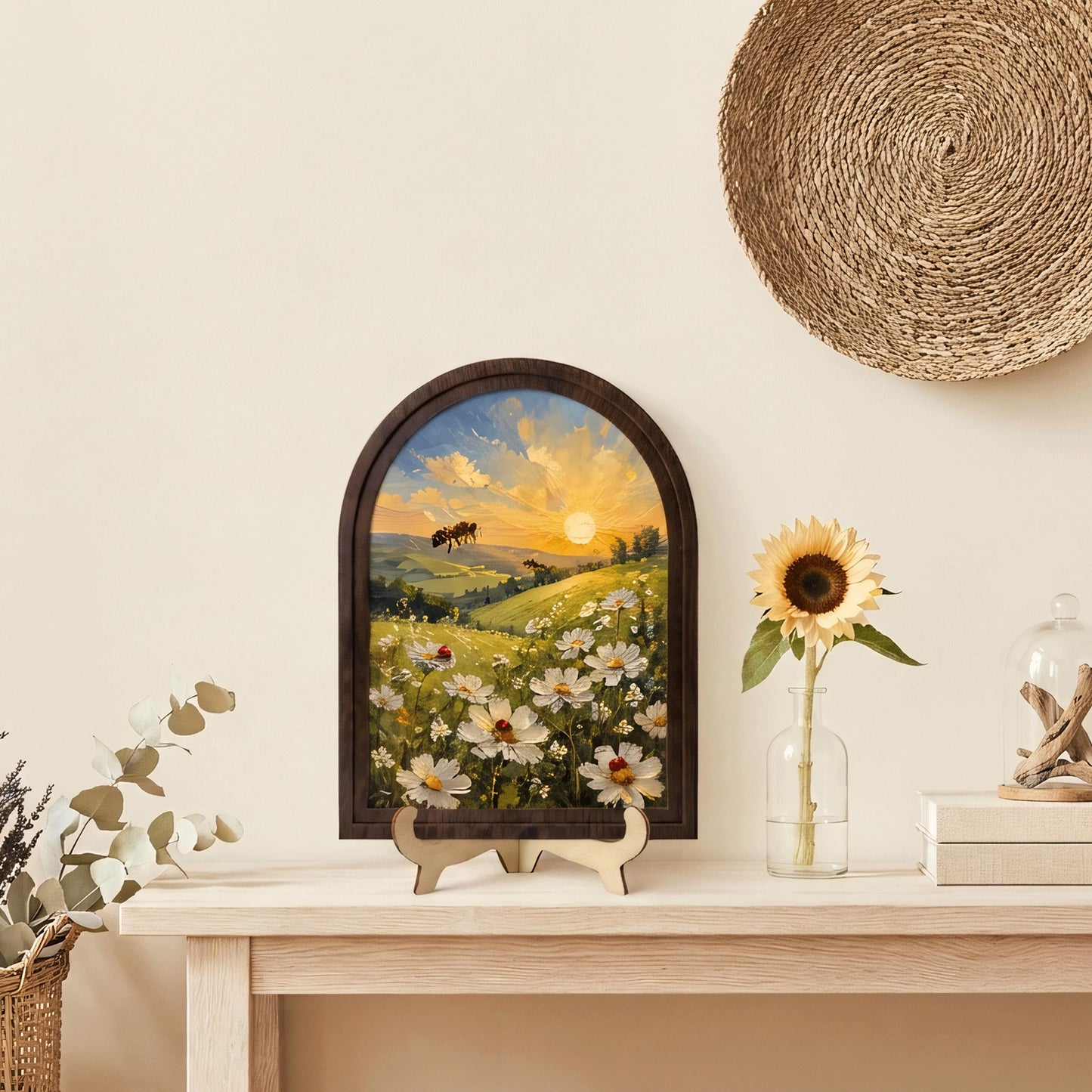 Honey Bee Meadow Wall Art, Arched Wooden Frame, Wild Daisy Field Painting with Ladybugs, Farmhouse Botanical Decor, Gift for Nature Lovers - Image 3