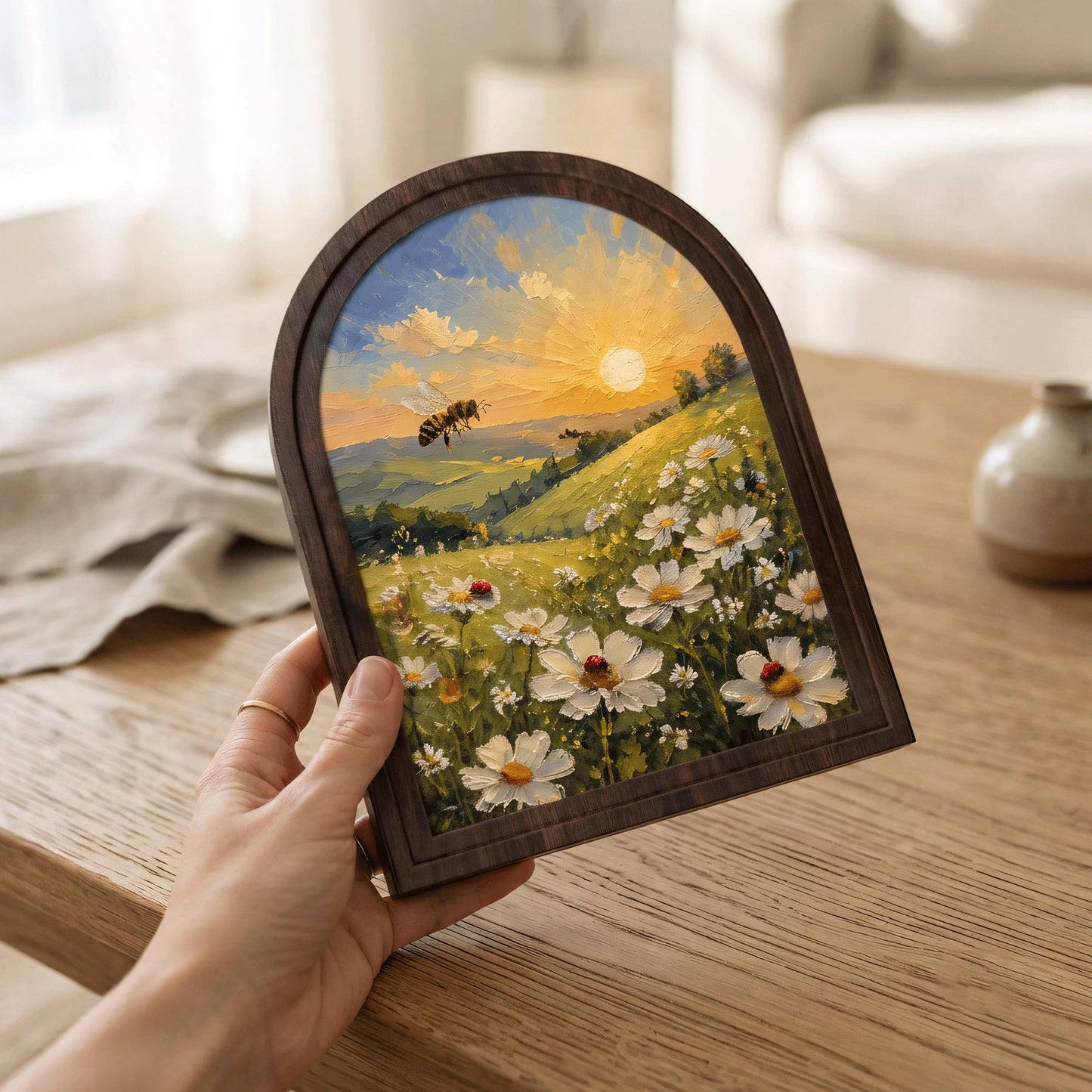 Honey Bee Meadow Wall Art, Arched Wooden Frame, Wild Daisy Field Painting with Ladybugs, Farmhouse Botanical Decor, Gift for Nature Lovers - Image 4