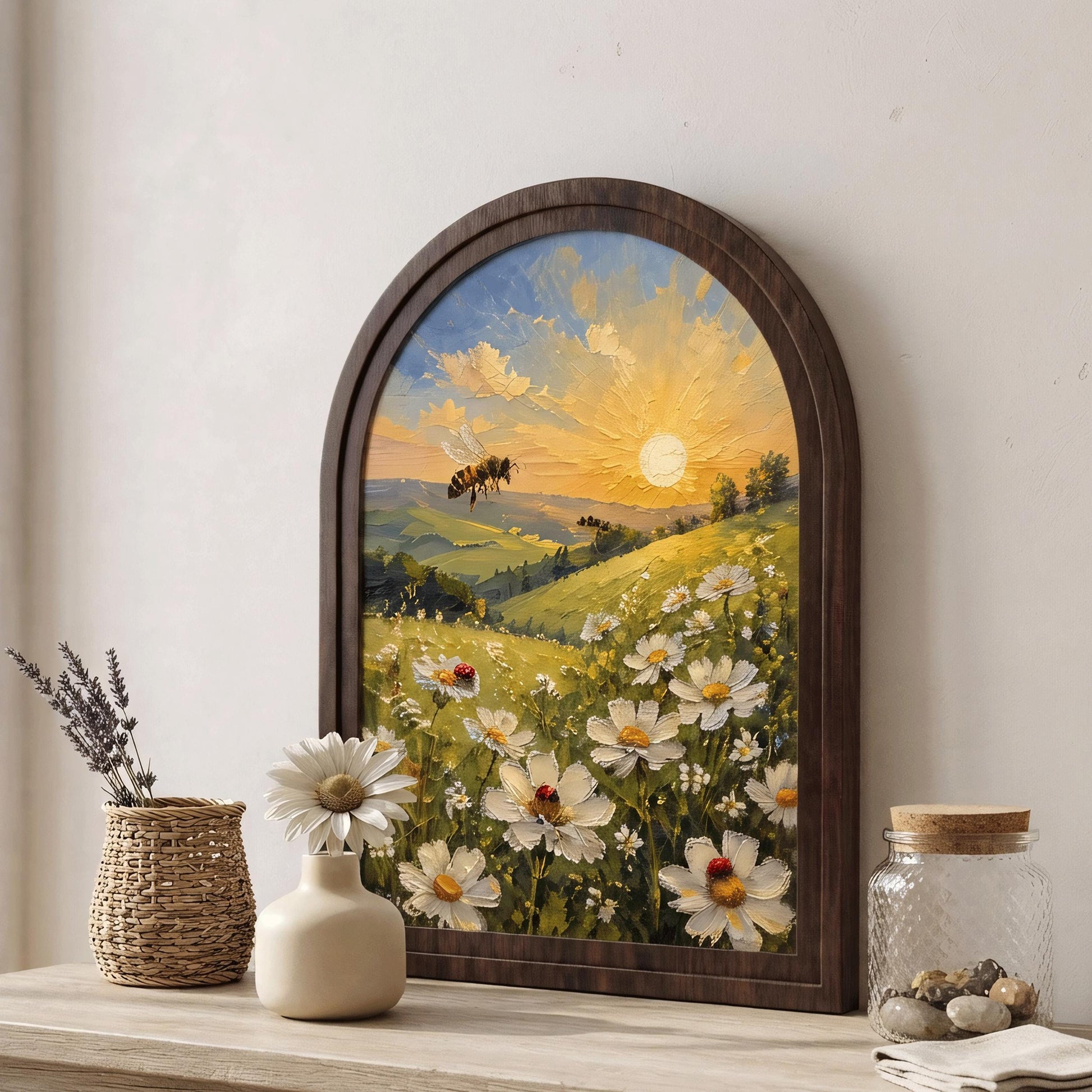 Honey Bee Meadow Wall Art, Arched Wooden Frame, Wild Daisy Field Painting with Ladybugs, Farmhouse Botanical Decor, Gift for Nature Lovers - Image 6