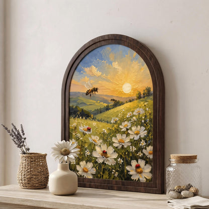Honey Bee Meadow Wall Art, Arched Wooden Frame, Wild Daisy Field Painting with Ladybugs, Farmhouse Botanical Decor, Gift for Nature Lovers - Image 6