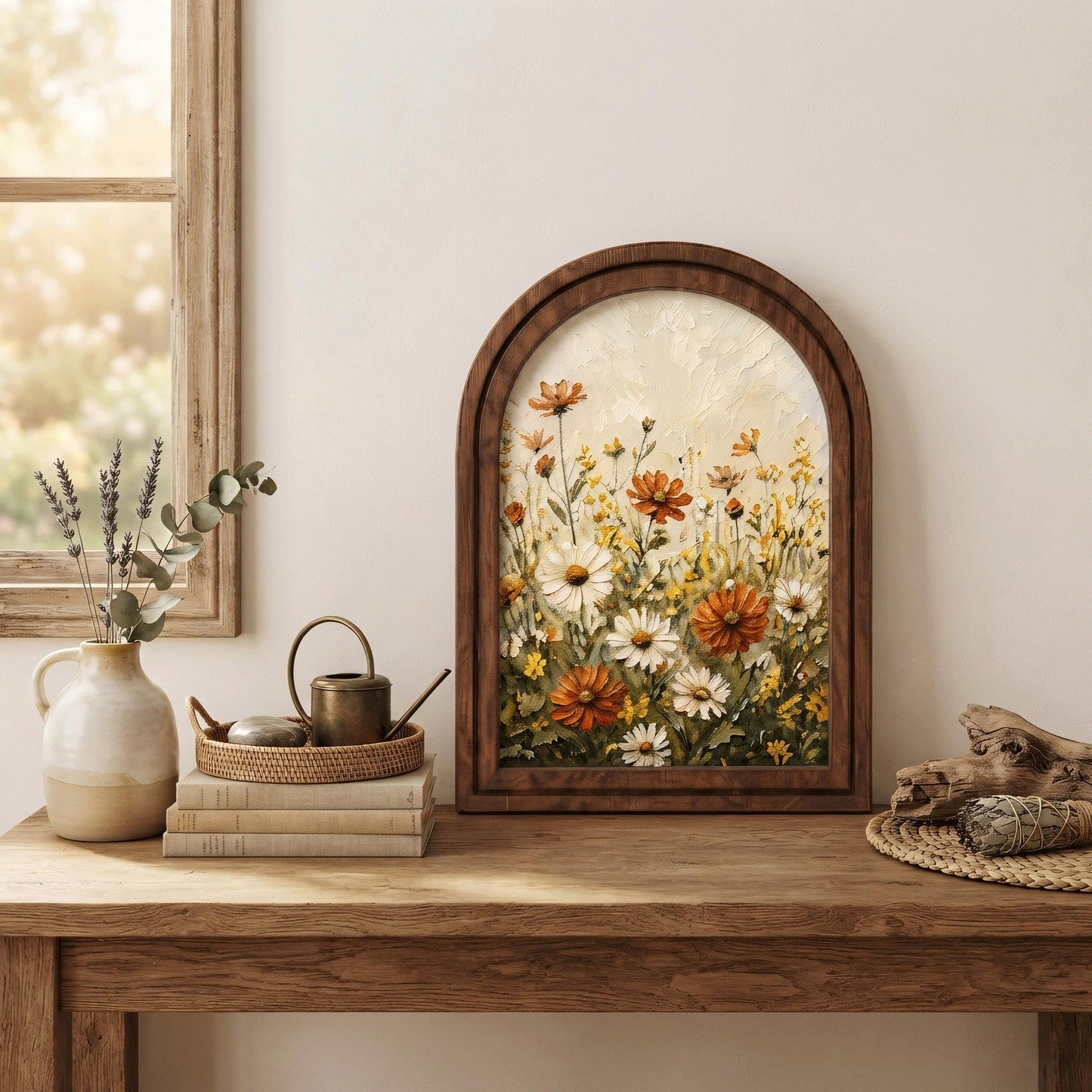 Wildflower Meadow Wall Art, Daisy and Cosmos Floral Painting, Arched Wood Frame Picture, Cottagecore Botanical Decor, Flower Lover Gift - Image 4