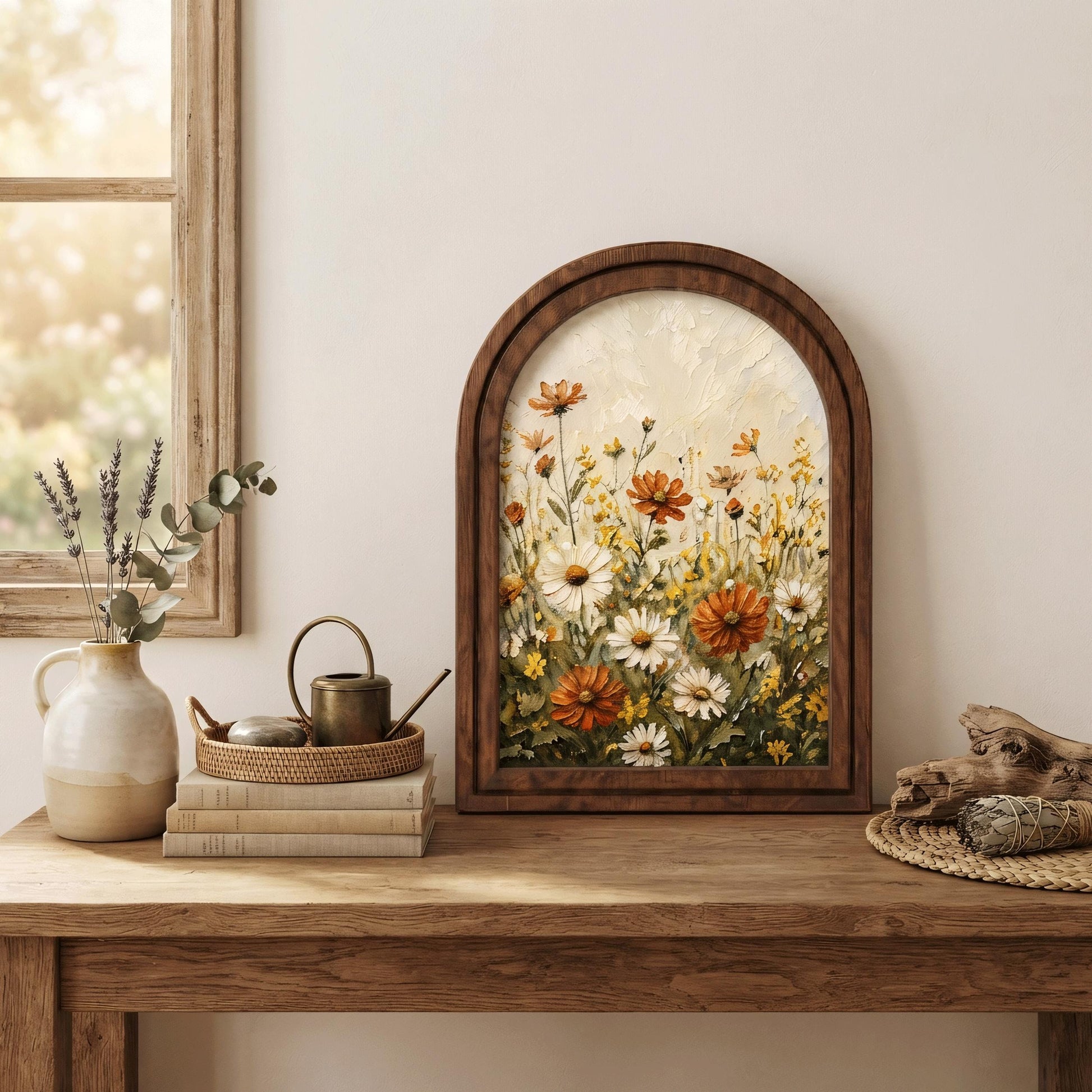 Wildflower Meadow Wall Art, Daisy and Cosmos Floral Painting, Arched Wood Frame Picture, Cottagecore Botanical Decor, Flower Lover Gift - Image 4