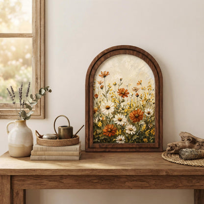 Wildflower Meadow Wall Art, Daisy and Cosmos Floral Painting, Arched Wood Frame Picture, Cottagecore Botanical Decor, Flower Lover Gift - Image 4