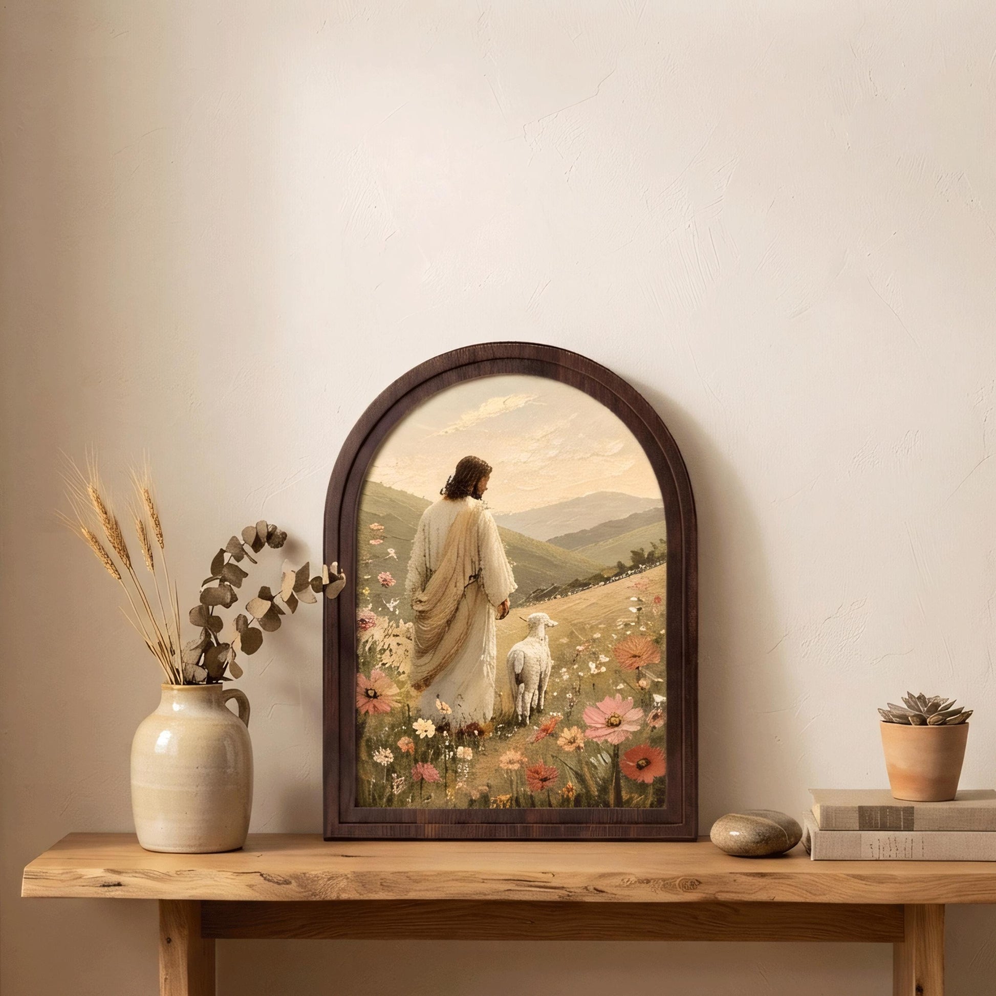 Jesus the Good Shepherd Wall Art, Christ with Lamb Landscape Painting, Arched Wood Frame, Christian Home Decor, Faith Inspired Gift - Image 6