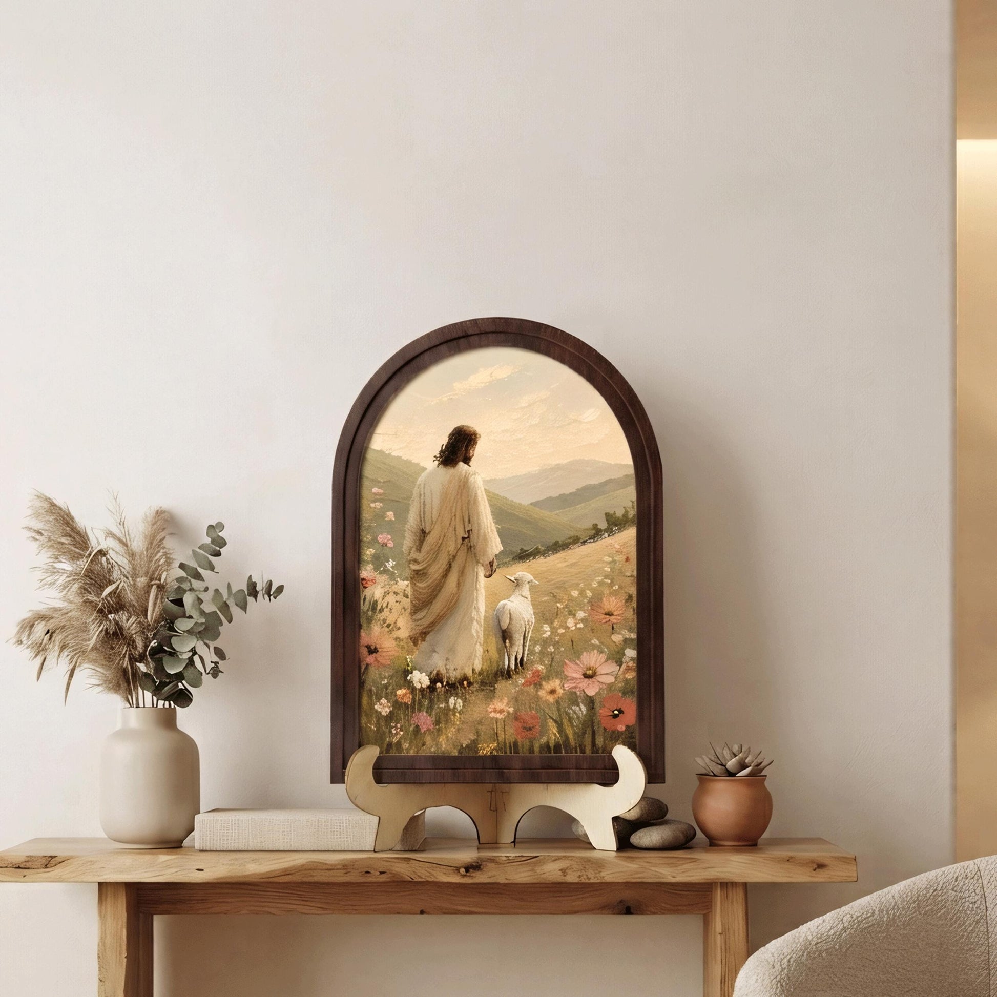 Jesus the Good Shepherd Wall Art, Christ with Lamb Landscape Painting, Arched Wood Frame, Christian Home Decor, Faith Inspired Gift - Image 5