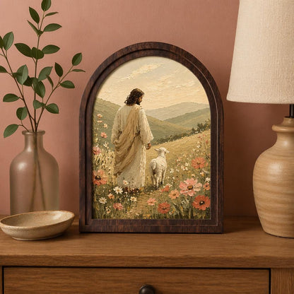Jesus the Good Shepherd Wall Art, Christ with Lamb Landscape Painting, Arched Wood Frame, Christian Home Decor, Faith Inspired Gift - Image 1