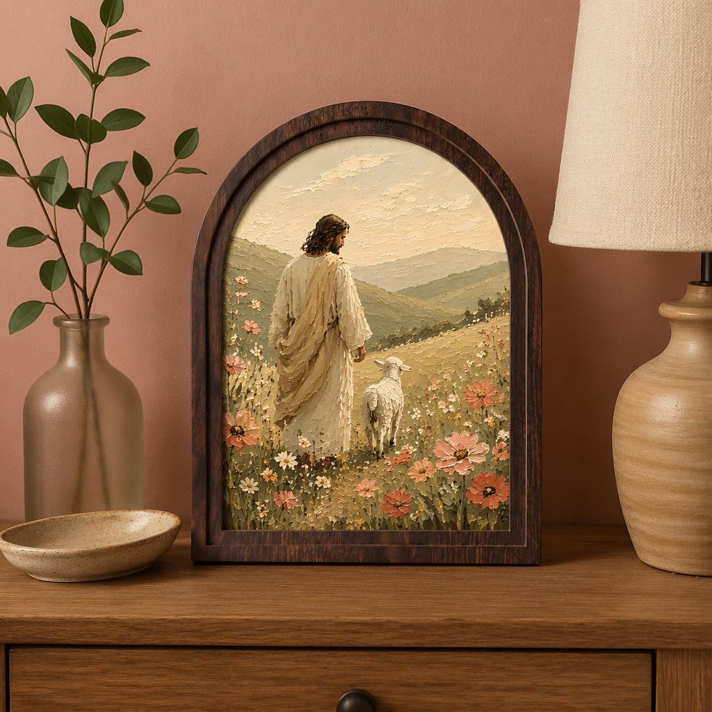Jesus the Good Shepherd Wall Art, Christ with Lamb Landscape Painting, Arched Wood Frame, Christian Home Decor, Faith Inspired Gift - Image 2