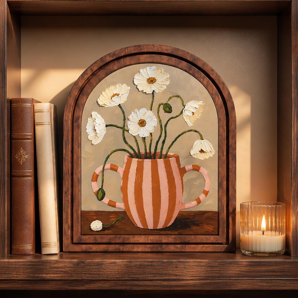 Vintage Daisy Vase Wall Art, Charming Floral Still Life Painting in Arched Wood Frame, Cottagecore Botanical Decor, Elegant Home Accent - Image 2