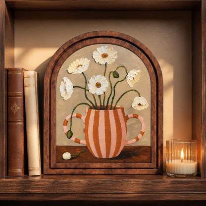 Vintage Daisy Vase Wall Art, Charming Floral Still Life Painting in Arched Wood Frame, Cottagecore Botanical Decor, Elegant Home Accent - Image 2