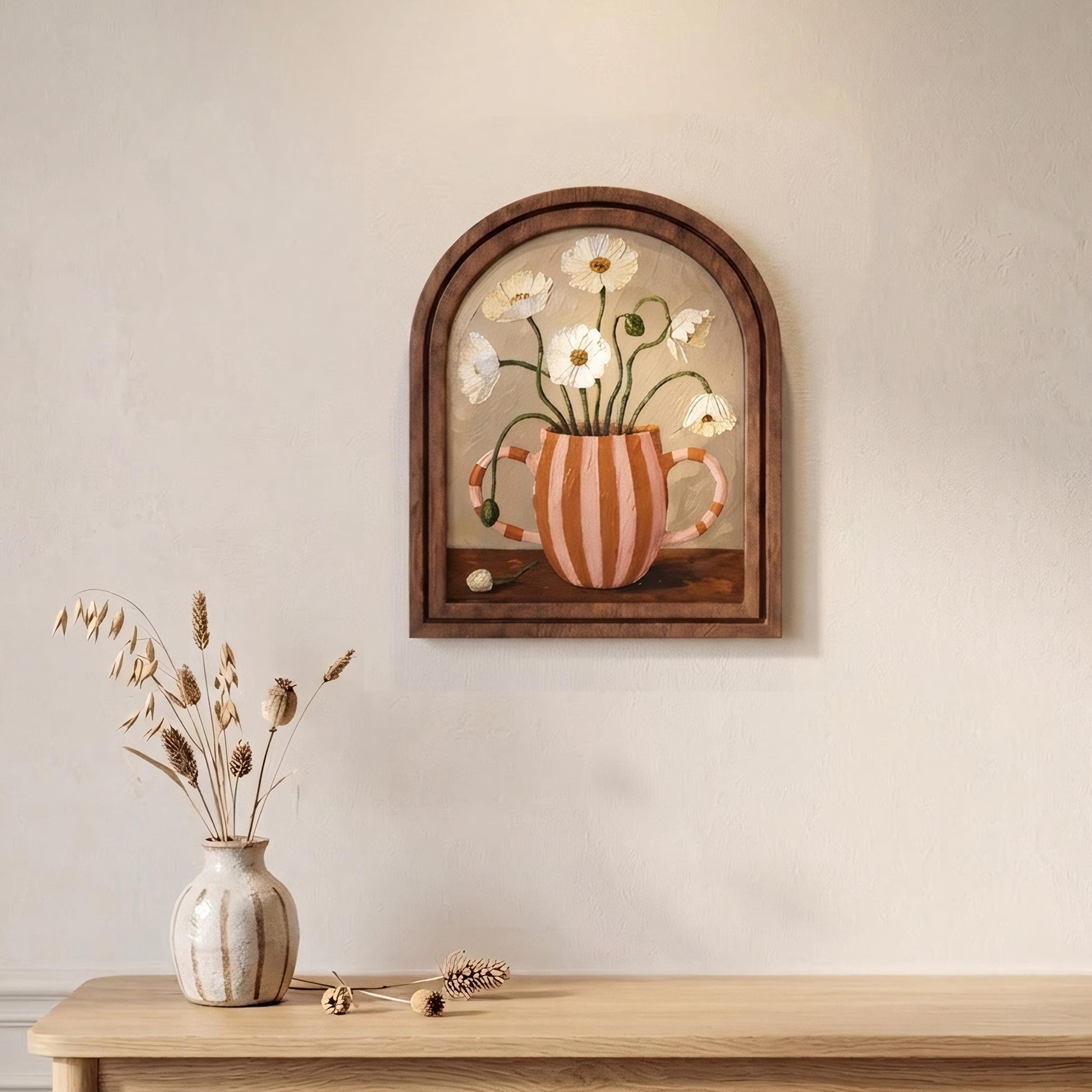 Vintage Daisy Vase Wall Art, Charming Floral Still Life Painting in Arched Wood Frame, Cottagecore Botanical Decor, Elegant Home Accent - Image 5