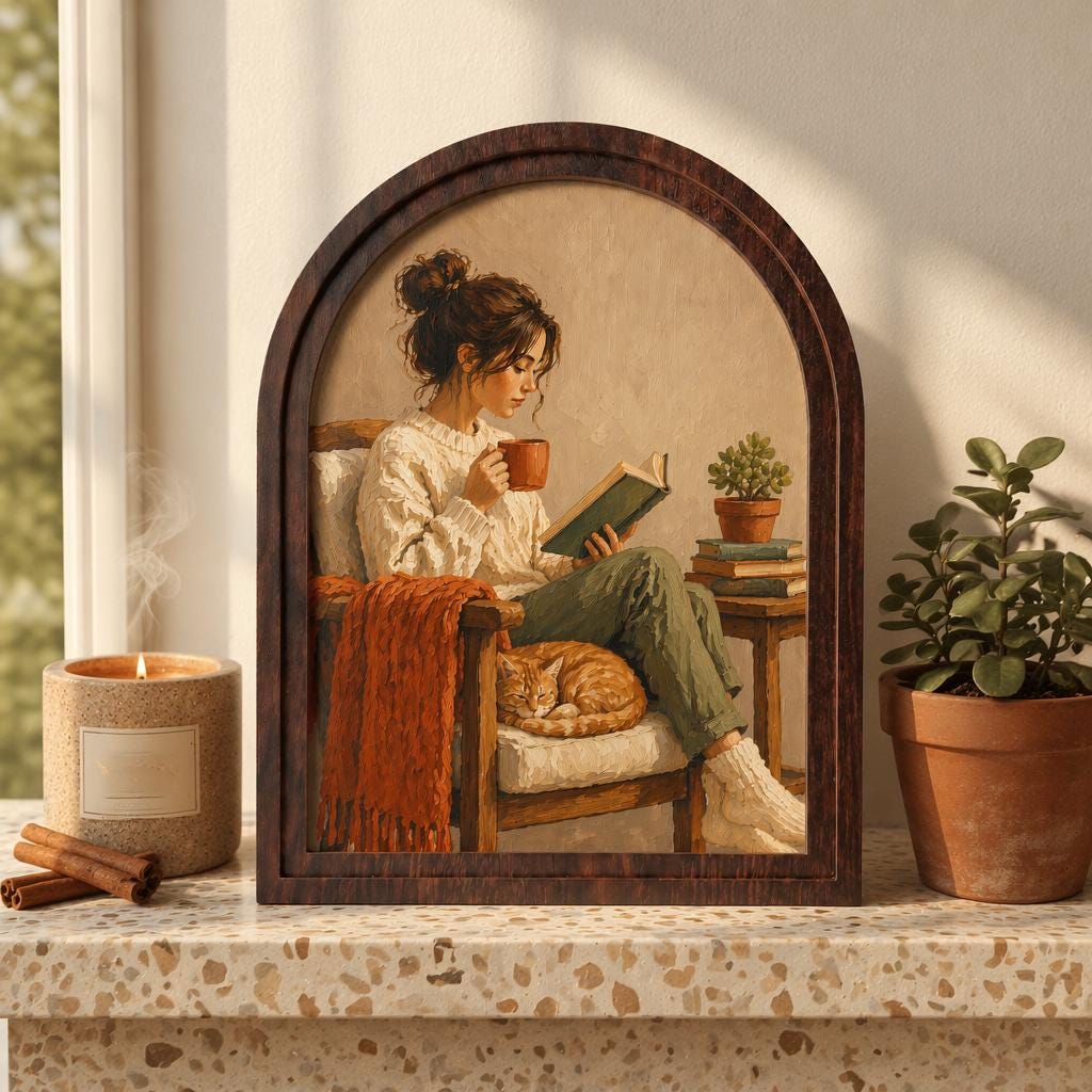 Cozy Window Reading Nook Wall Art, Sunlit Rustic Book Lover Painting in Arched Wood Frame, Cottagecore Literary Decor, Reader Gift - Image 1
