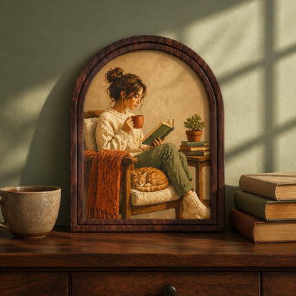 Cozy Window Reading Nook Wall Art, Sunlit Rustic Book Lover Painting in Arched Wood Frame, Cottagecore Literary Decor, Reader Gift - Image 2