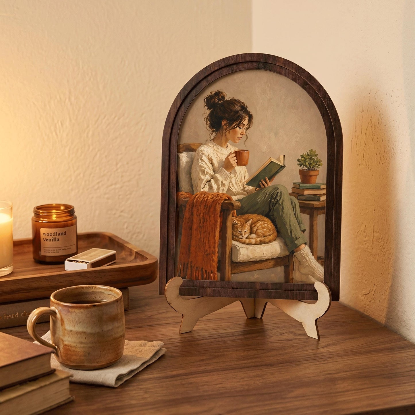 Cozy Window Reading Nook Wall Art, Sunlit Rustic Book Lover Painting in Arched Wood Frame, Cottagecore Literary Decor, Reader Gift - Image 4