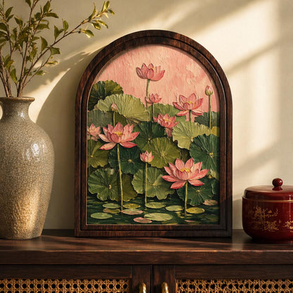 Pink Lotus Pond Wall Art, Arched Wood Framed Canvas, Elegant Botanical Floral Print, Zen Farmhouse Decor, Tranquil Nature Wall Hanging - Image 6