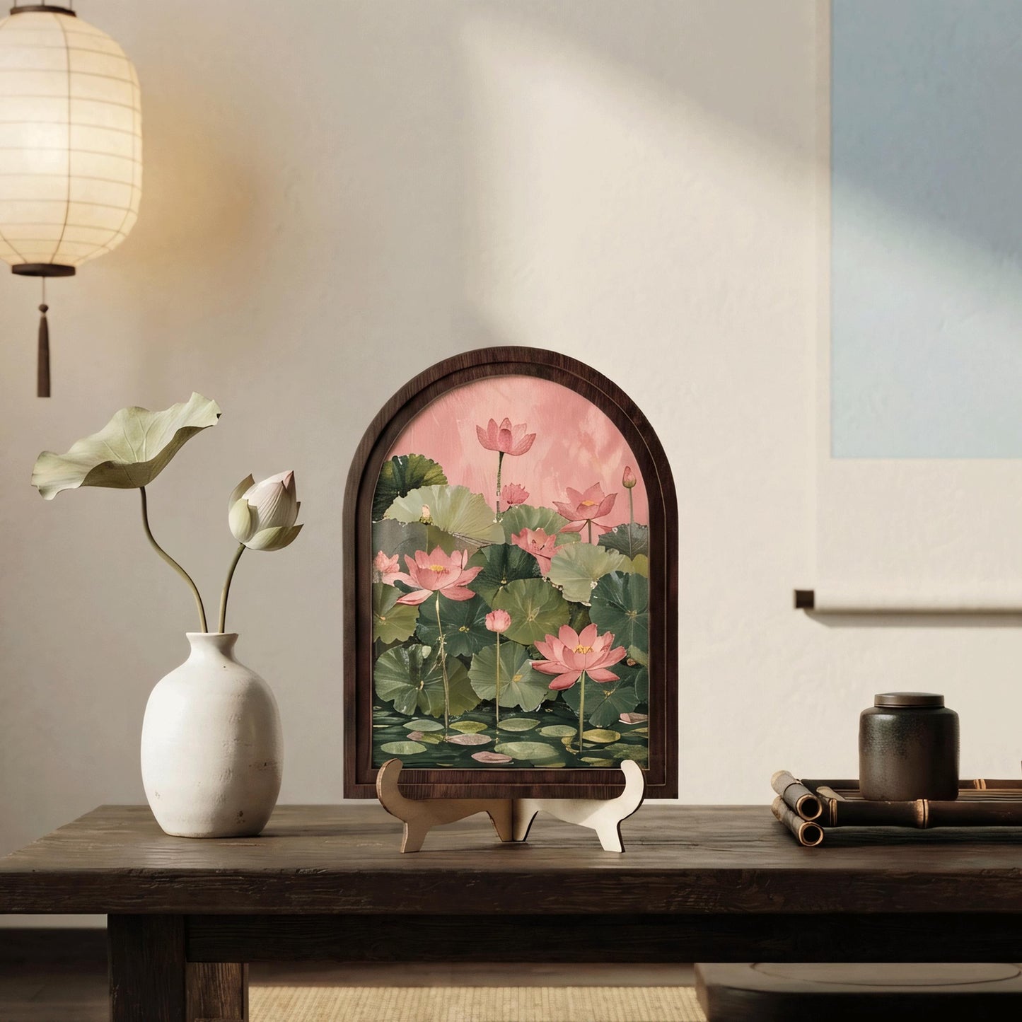 Pink Lotus Pond Wall Art, Arched Wood Framed Canvas, Elegant Botanical Floral Print, Zen Farmhouse Decor, Tranquil Nature Wall Hanging - Image 2