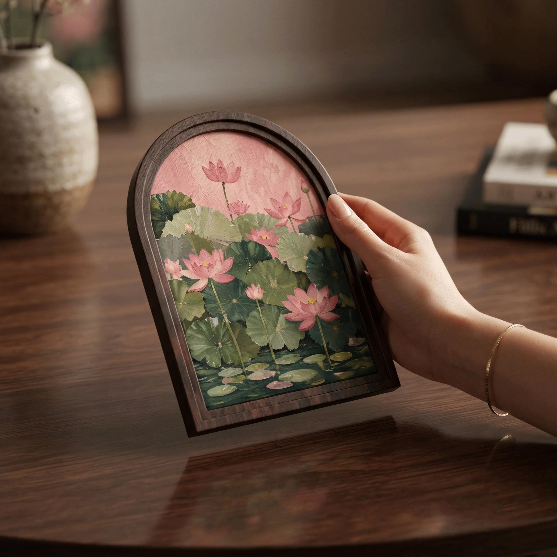 Pink Lotus Pond Wall Art, Arched Wood Framed Canvas, Elegant Botanical Floral Print, Zen Farmhouse Decor, Tranquil Nature Wall Hanging - Image 4