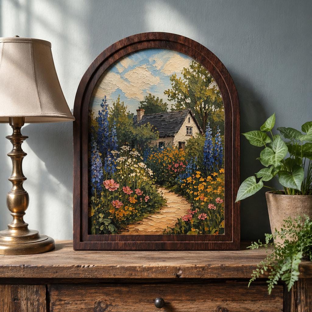 English Cottage Garden Wall Art, Arched Wooden Frame, Wildflower Landscape Print, Charming Country Cottage Decor, Botanical Farmhouse Gift - Image 1