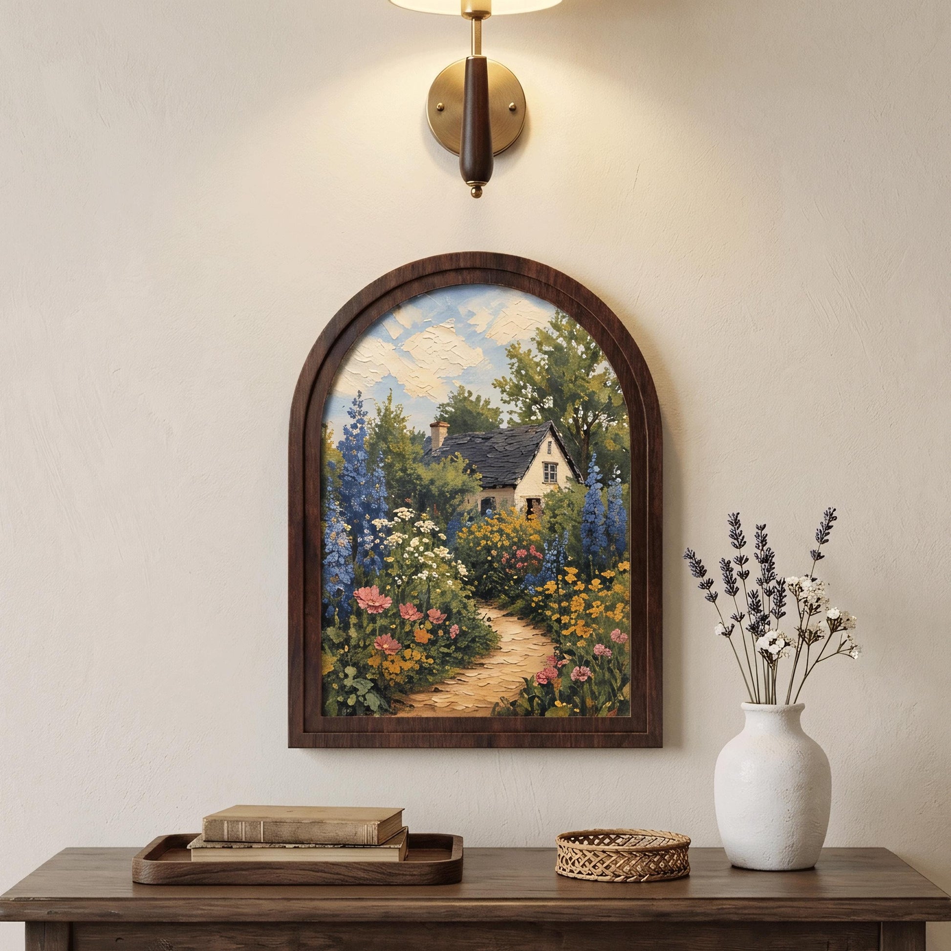English Cottage Garden Wall Art, Arched Wooden Frame, Wildflower Landscape Print, Charming Country Cottage Decor, Botanical Farmhouse Gift - Image 4