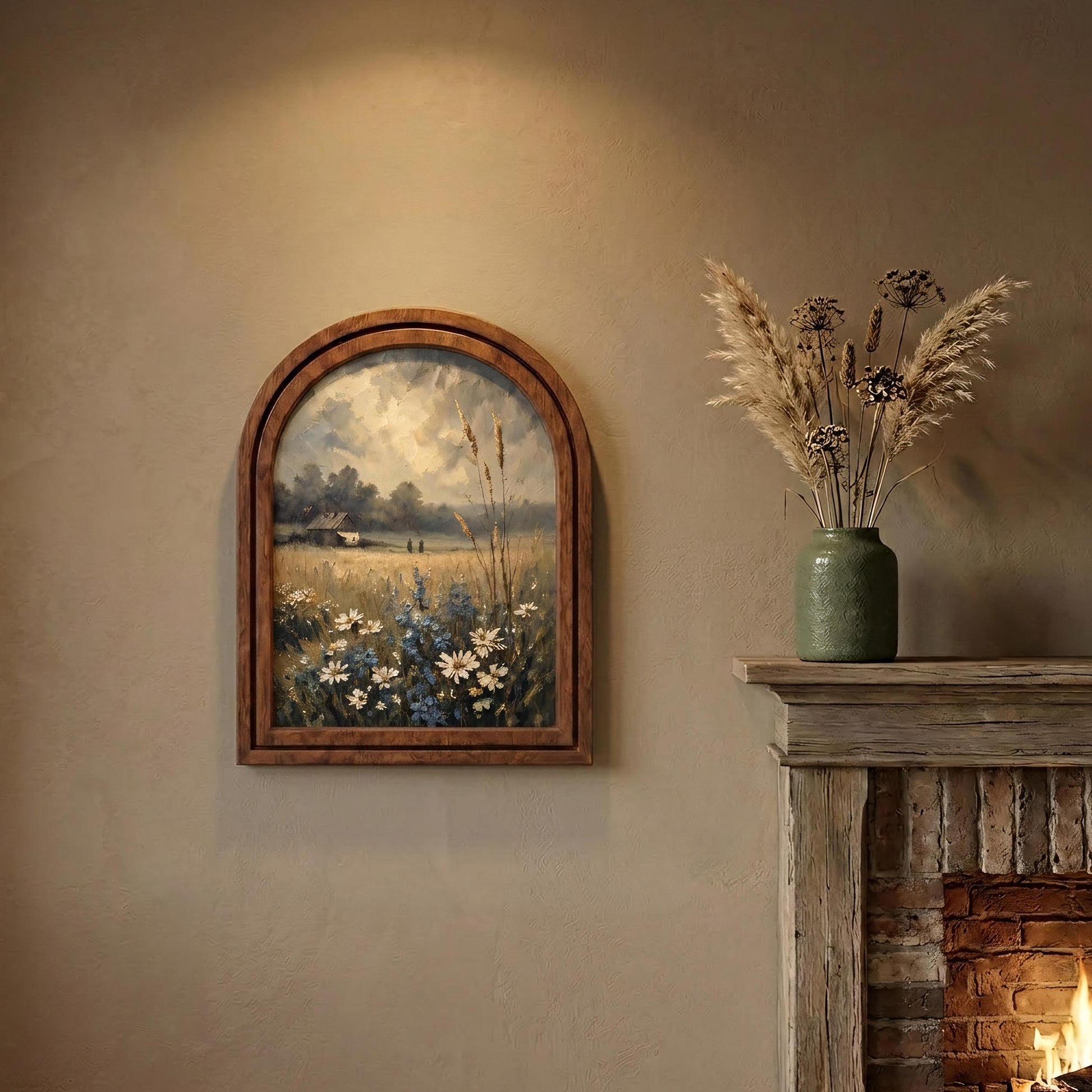 Serene Wildflower Meadow Wall Art, Rustic Countryside Landscape Painting in Arched Wood Frame, Country Home Decor, Nature Lover Gift - Image 4