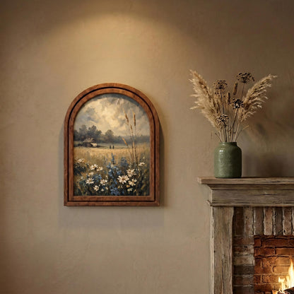 Serene Wildflower Meadow Wall Art, Rustic Countryside Landscape Painting in Arched Wood Frame, Country Home Decor, Nature Lover Gift - Image 4