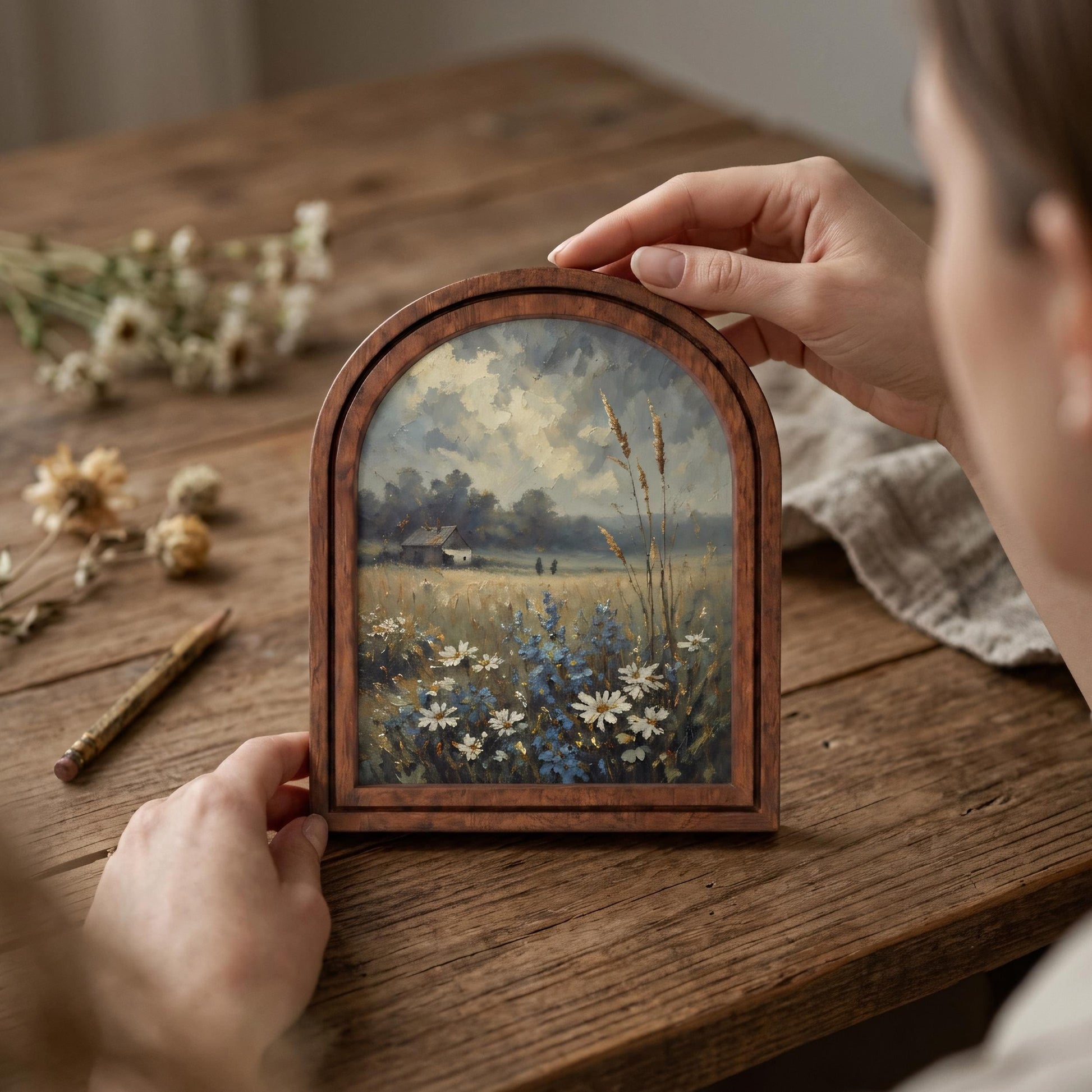 Serene Wildflower Meadow Wall Art, Rustic Countryside Landscape Painting in Arched Wood Frame, Country Home Decor, Nature Lover Gift - Image 5