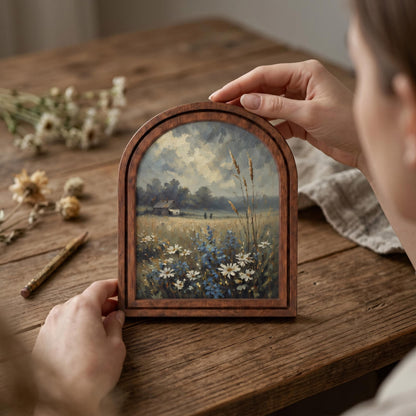 Serene Wildflower Meadow Wall Art, Rustic Countryside Landscape Painting in Arched Wood Frame, Country Home Decor, Nature Lover Gift - Image 5