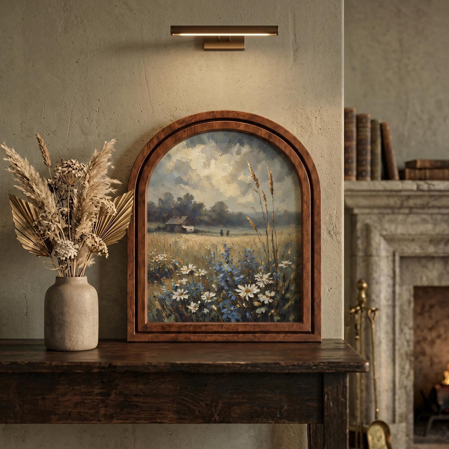 Serene Wildflower Meadow Wall Art, Rustic Countryside Landscape Painting in Arched Wood Frame, Country Home Decor, Nature Lover Gift - Image 3