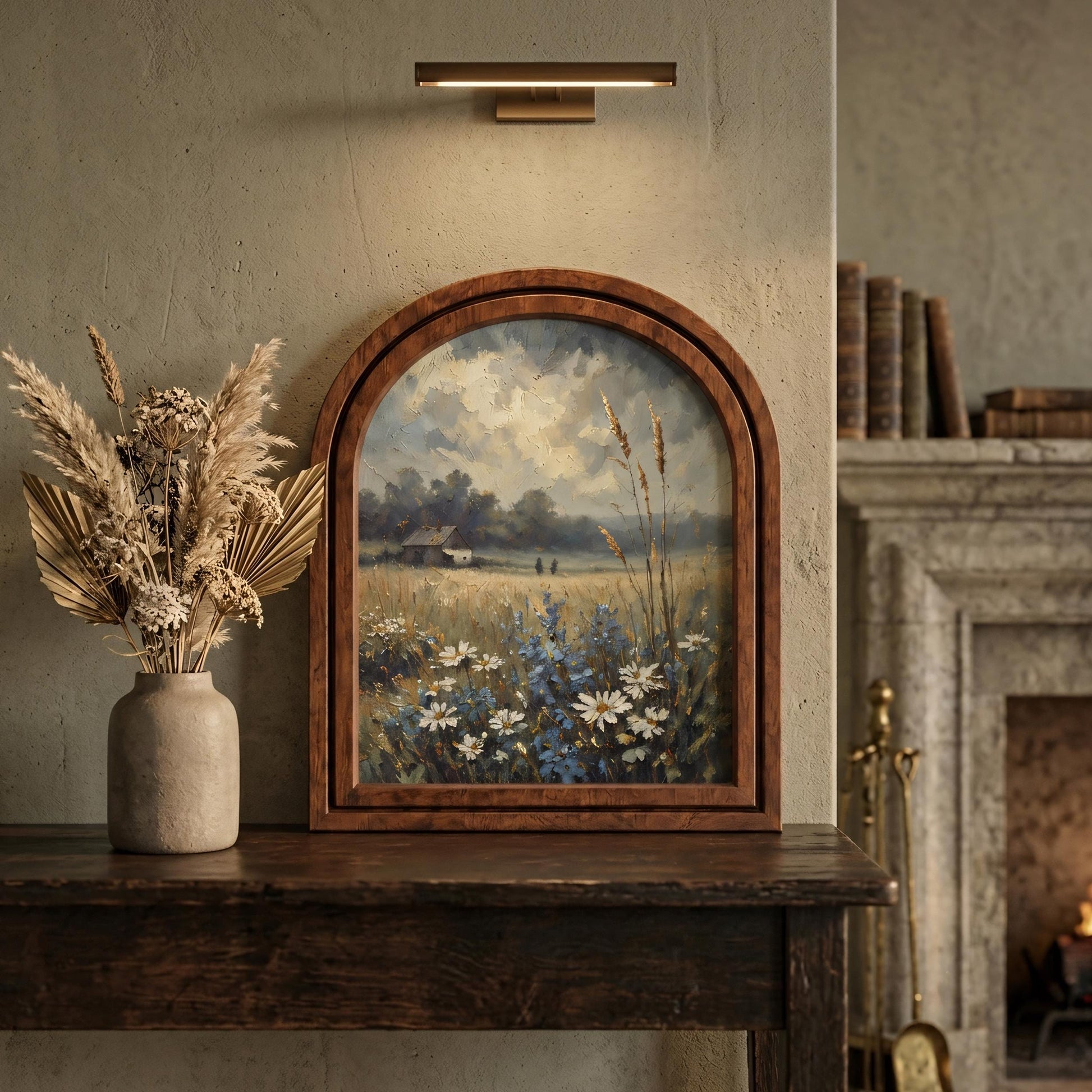 Serene Wildflower Meadow Wall Art, Rustic Countryside Landscape Painting in Arched Wood Frame, Country Home Decor, Nature Lover Gift - Image 3