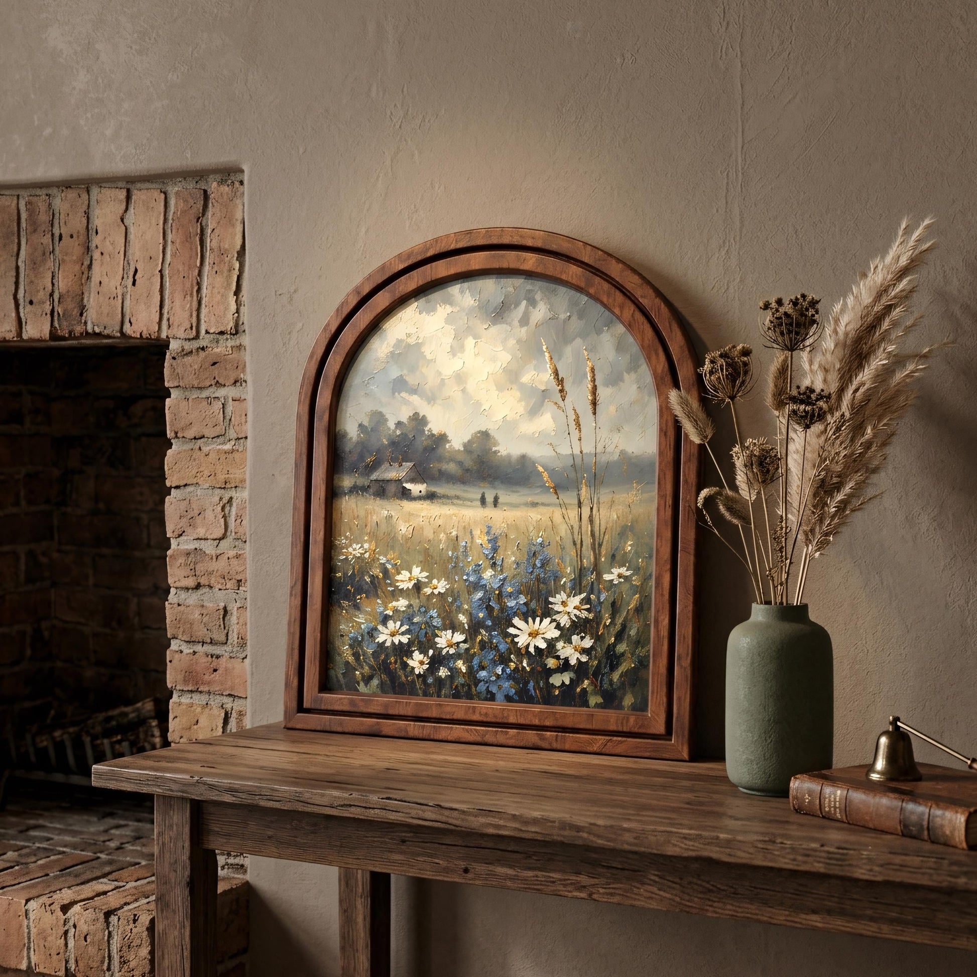 Serene Wildflower Meadow Wall Art, Rustic Countryside Landscape Painting in Arched Wood Frame, Country Home Decor, Nature Lover Gift - Image 6