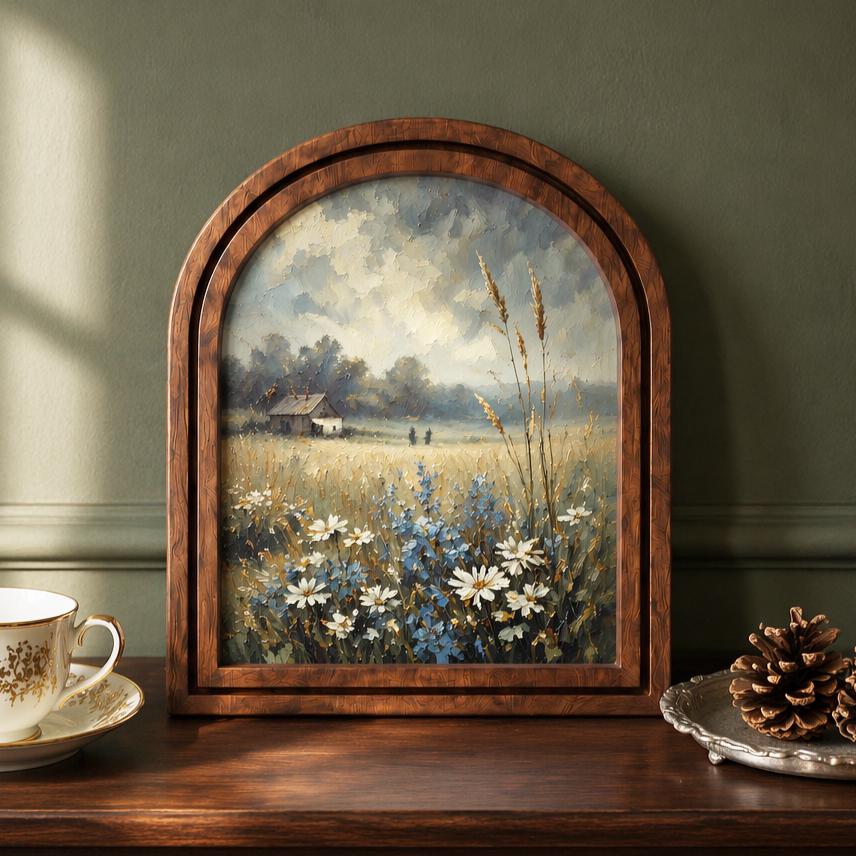 Serene Wildflower Meadow Wall Art, Rustic Countryside Landscape Painting in Arched Wood Frame, Country Home Decor, Nature Lover Gift - Image 1