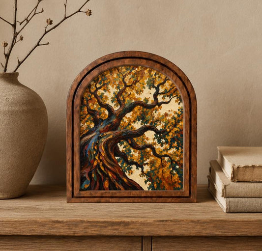 Enchanting Autumn Tree Wall Art, Textured Woodland Landscape Painting with Arched Wood Frame, Warm Earth Tone Decor, Nature Lover Gift - Image 2