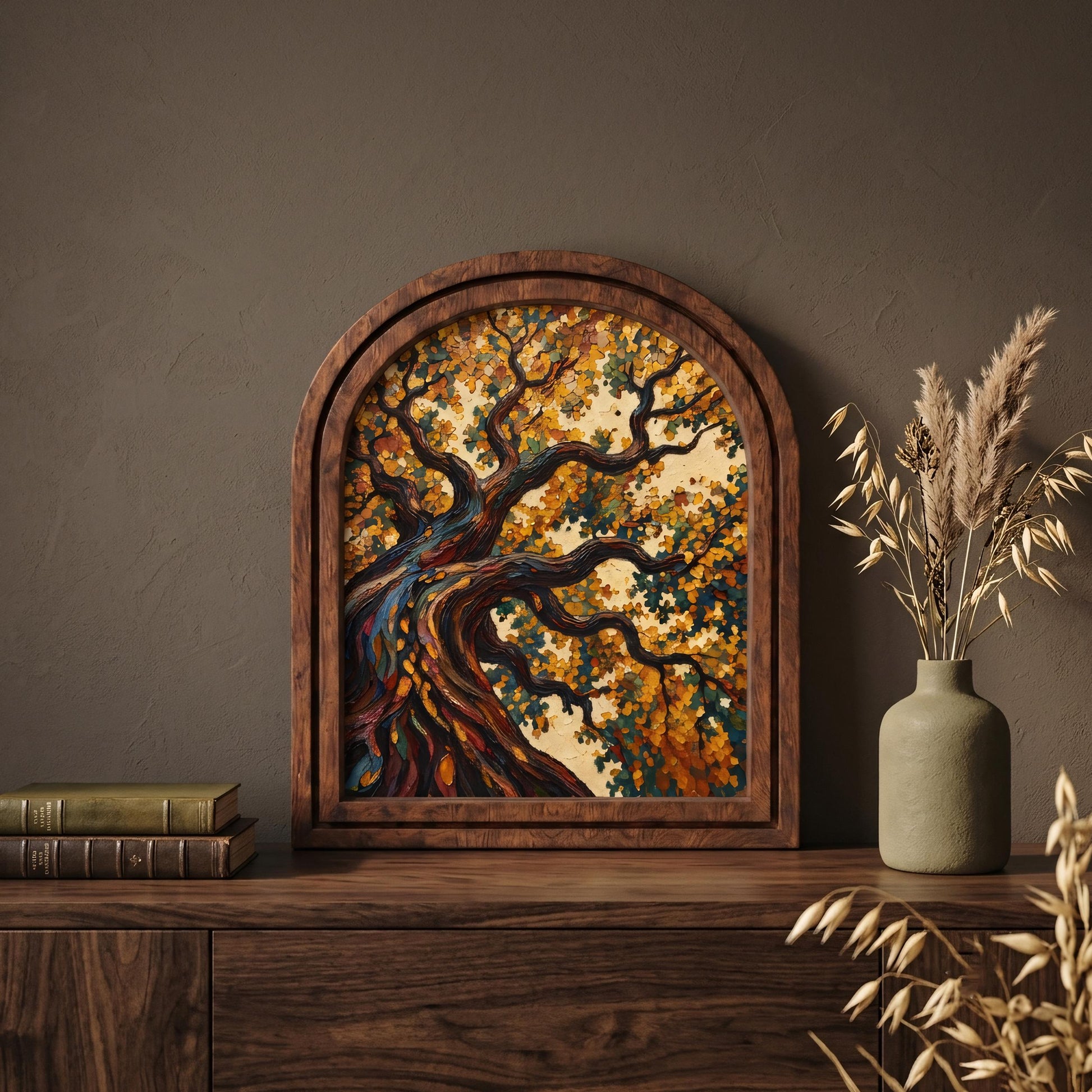 Enchanting Autumn Tree Wall Art, Textured Woodland Landscape Painting with Arched Wood Frame, Warm Earth Tone Decor, Nature Lover Gift - Image 5
