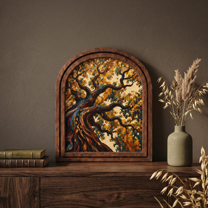 Enchanting Autumn Tree Wall Art, Textured Woodland Landscape Painting with Arched Wood Frame, Warm Earth Tone Decor, Nature Lover Gift - Image 5