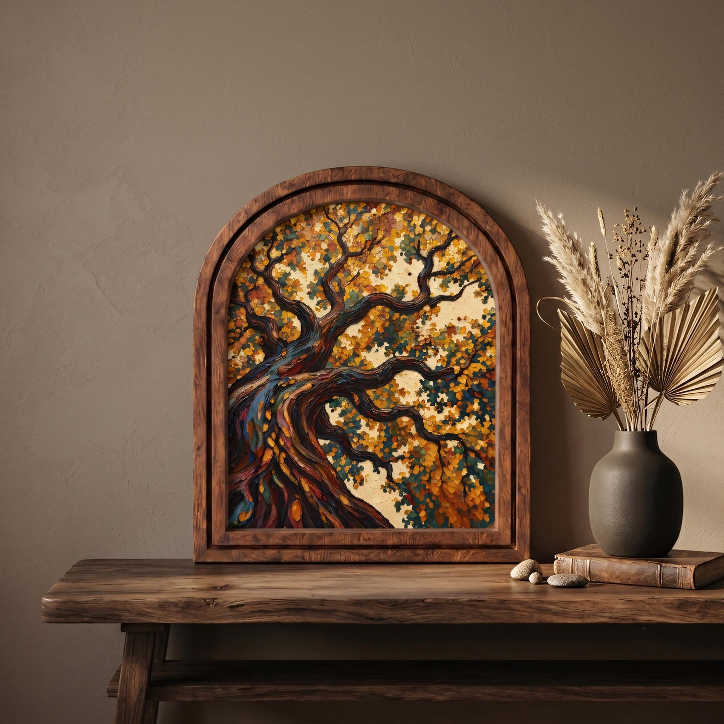 Enchanting Autumn Tree Wall Art, Textured Woodland Landscape Painting with Arched Wood Frame, Warm Earth Tone Decor, Nature Lover Gift - Image 4