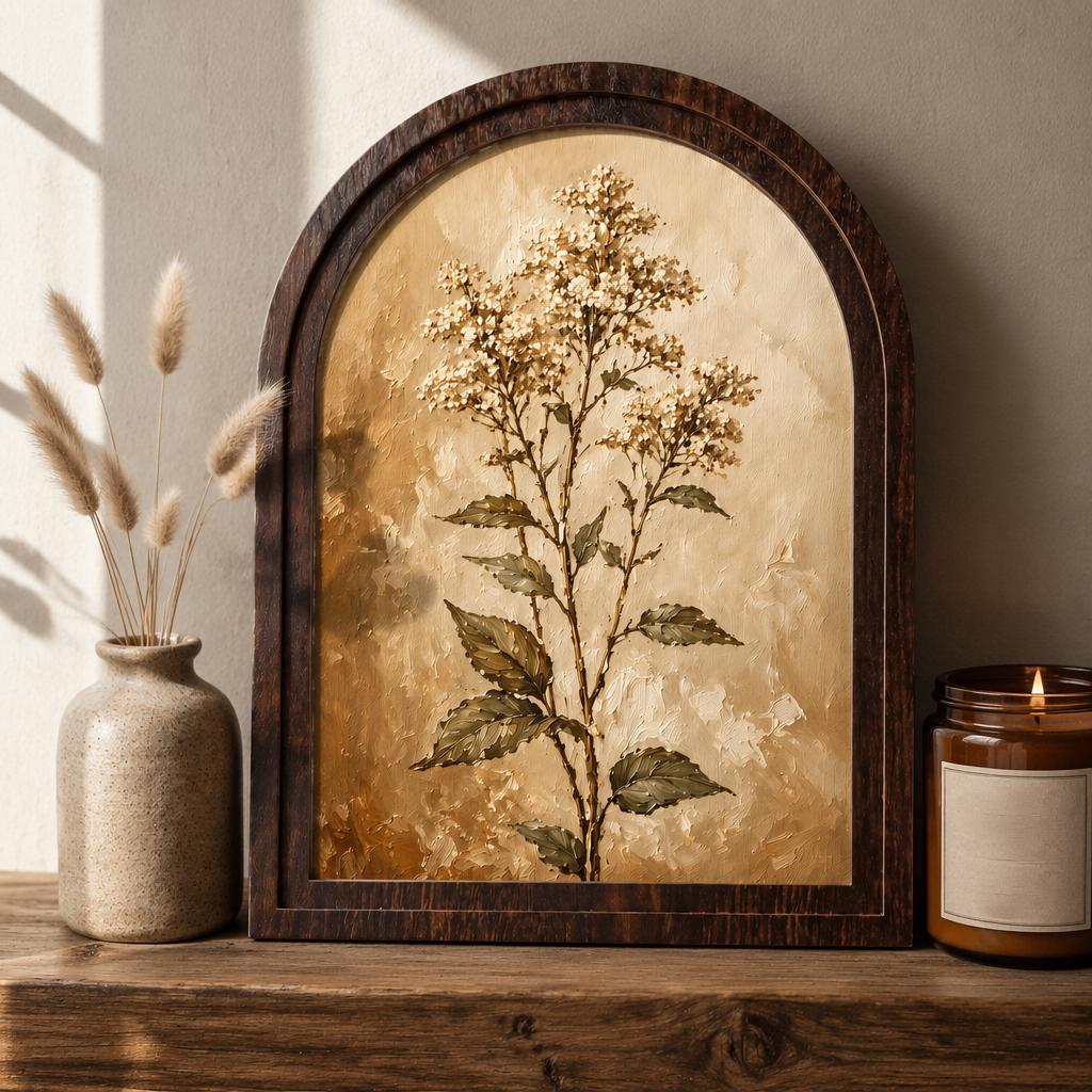 Neutral Floral Wall Art, Arched Wooden Frame, Vintage Wildflower Botanical Print, Rustic Farmhouse Decor, French Country Home Gift - Image 1