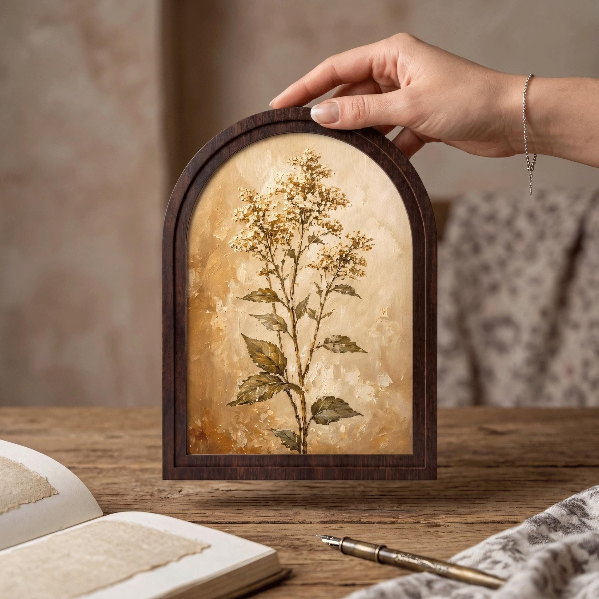 Neutral Floral Wall Art, Arched Wooden Frame, Vintage Wildflower Botanical Print, Rustic Farmhouse Decor, French Country Home Gift - Image 2