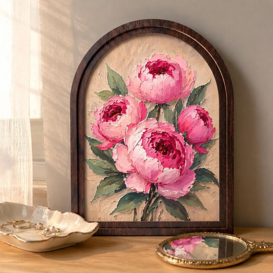 Blush Peony Bouquet Wall Art, Soft Pink Floral Painting in Arched Wood Frame, Vintage Garden Decor, Feminine Bedroom Artwork, Home Accent - Image 1