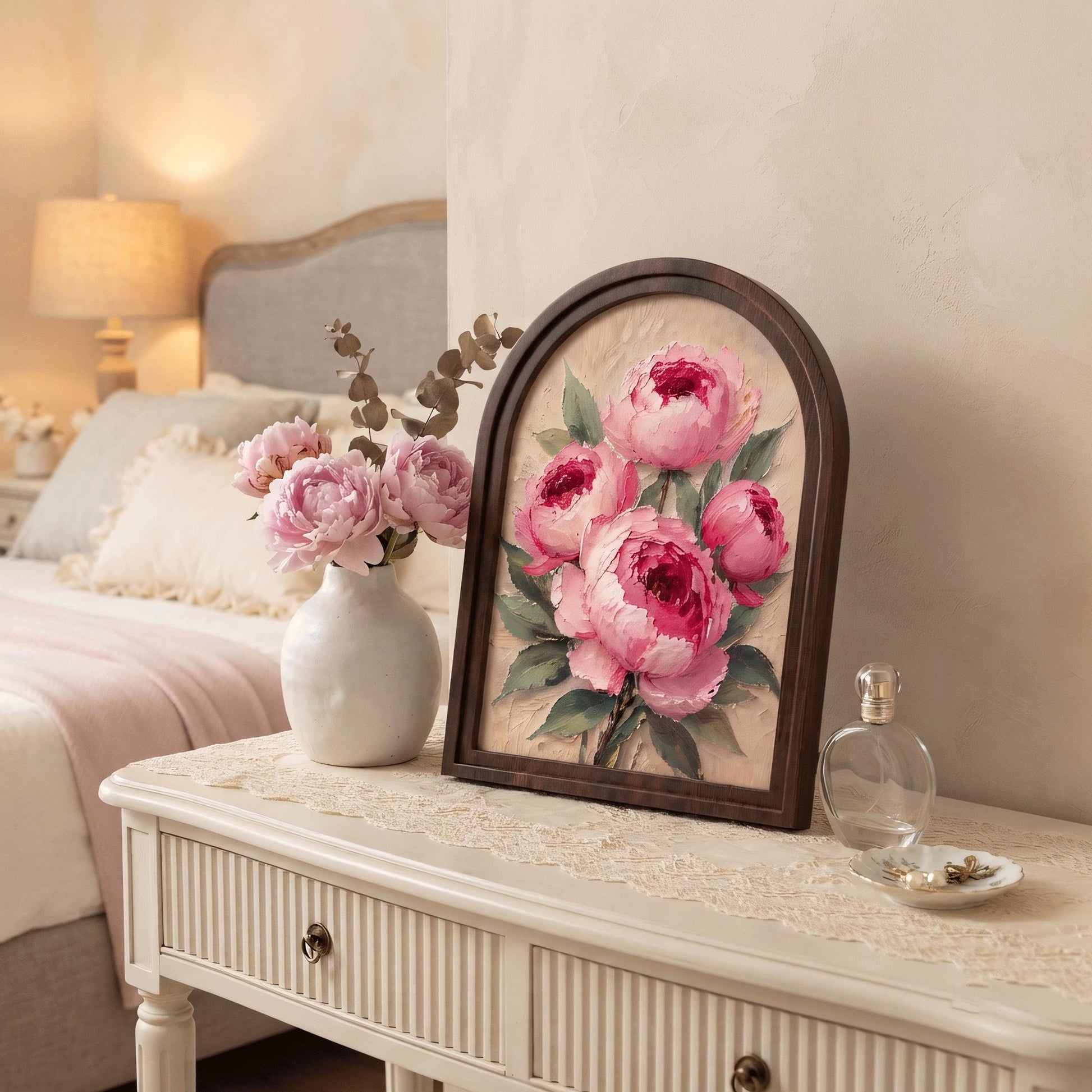 Blush Peony Bouquet Wall Art, Soft Pink Floral Painting in Arched Wood Frame, Vintage Garden Decor, Feminine Bedroom Artwork, Home Accent - Image 6