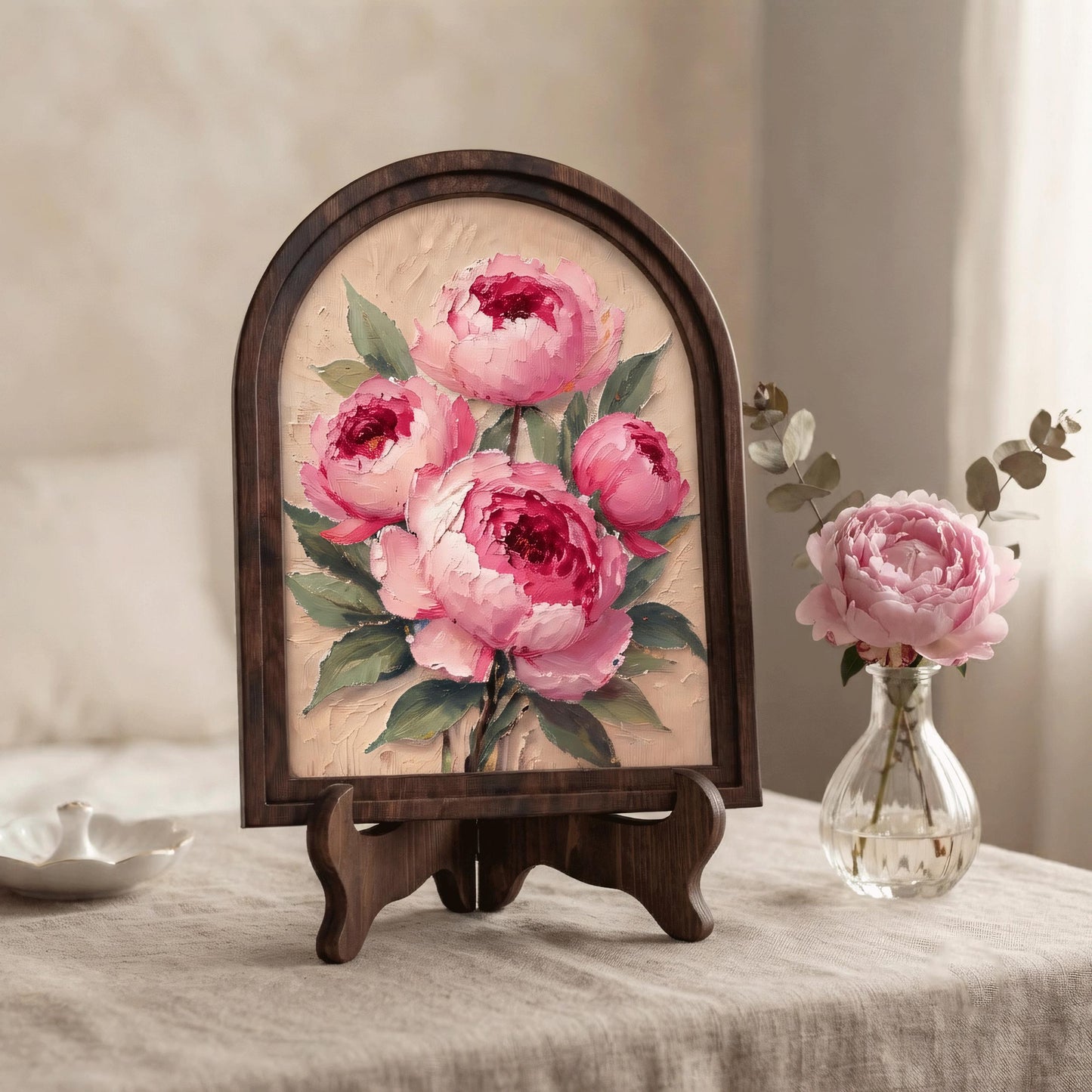 Blush Peony Bouquet Wall Art, Soft Pink Floral Painting in Arched Wood Frame, Vintage Garden Decor, Feminine Bedroom Artwork, Home Accent - Image 3