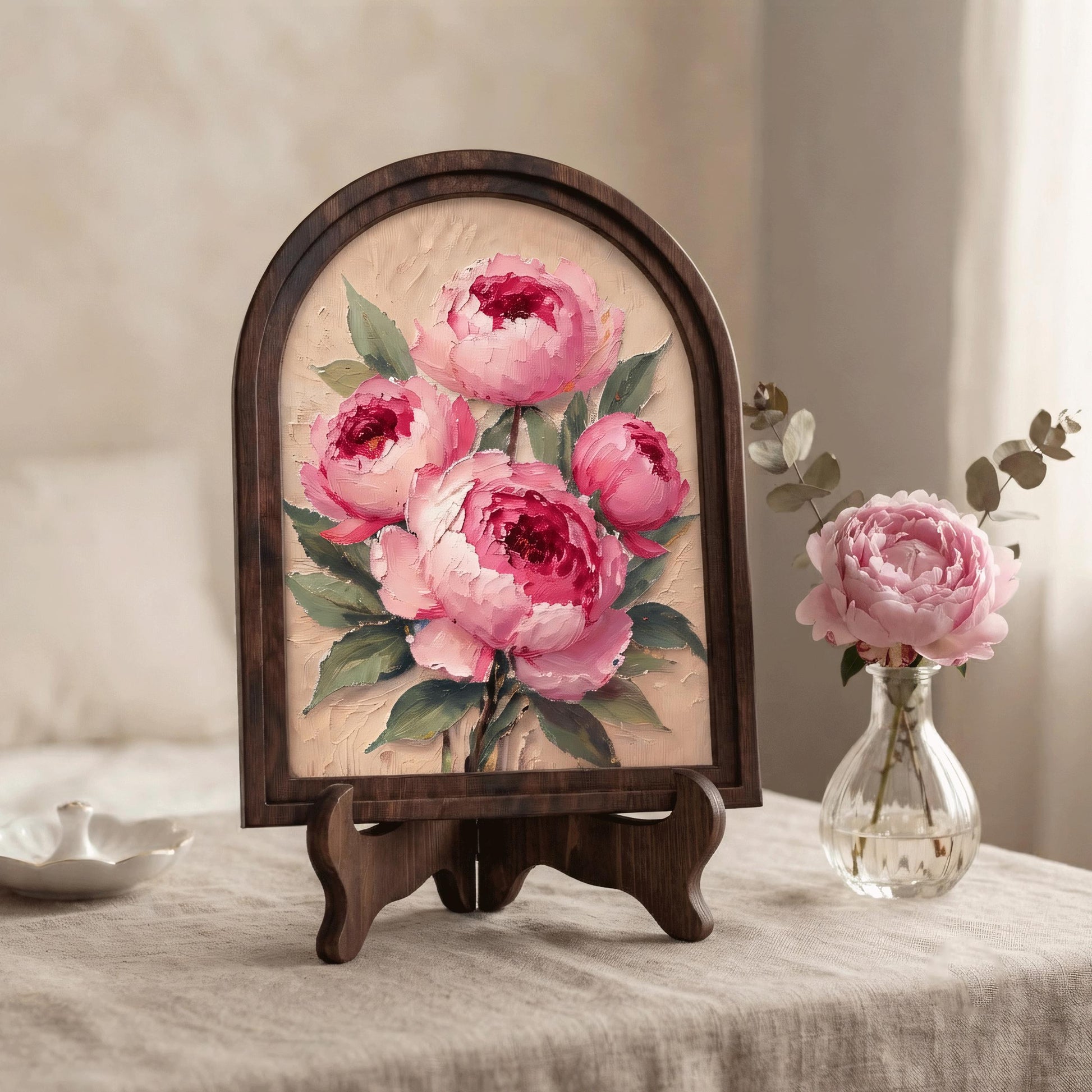 Blush Peony Bouquet Wall Art, Soft Pink Floral Painting in Arched Wood Frame, Vintage Garden Decor, Feminine Bedroom Artwork, Home Accent - Image 3
