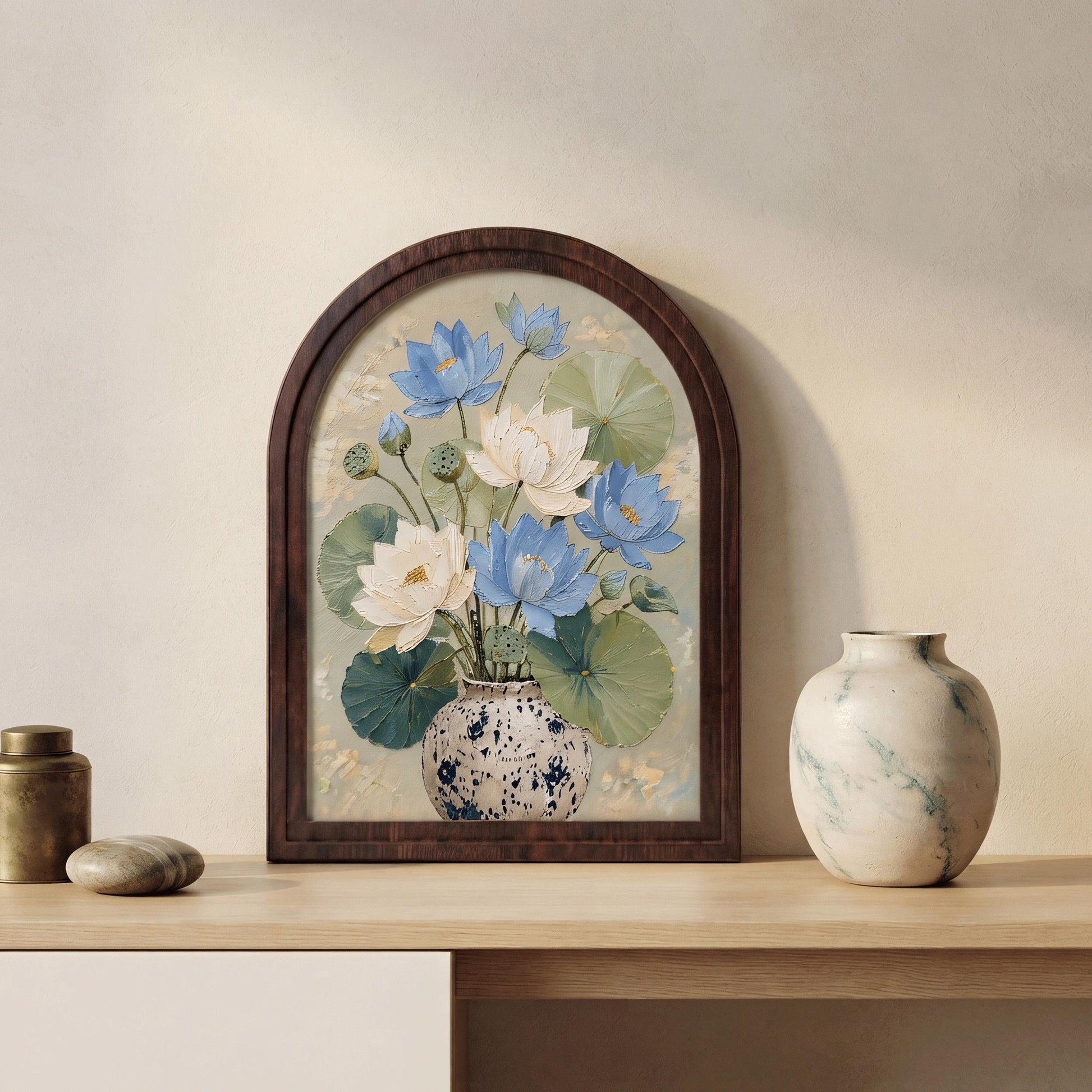 Botanical Lotus Wall Art, Arched Wooden Frame Canvas, Blue & Ivory Lotus Flowers with Lily Pads, Tranquil Nature Decor, Housewarming Gift - Image 1