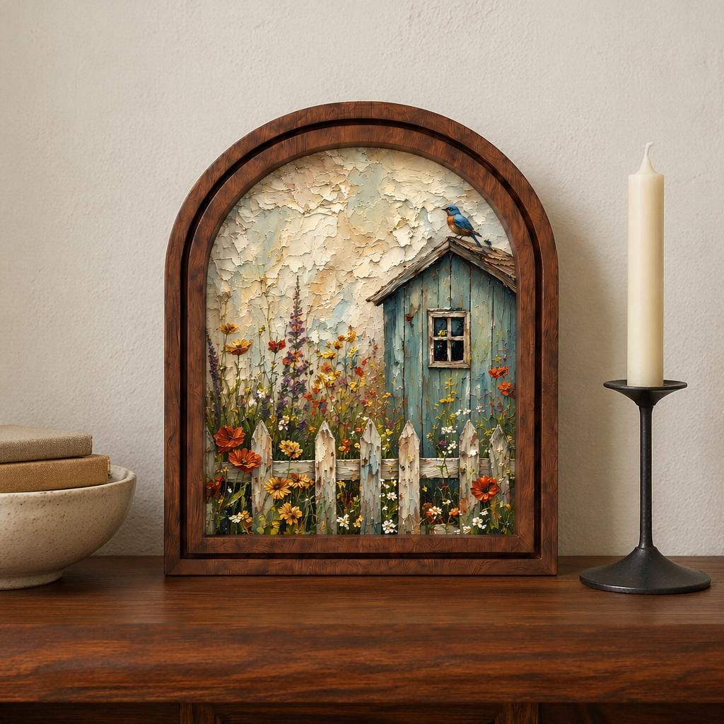 Charming Cottage Garden Wall Art, Rustic Blue Cottage and Wildflower Meadow, Arched Wood Frame, Farmhouse Floral Decor, Nature Lover Gift - Image 3