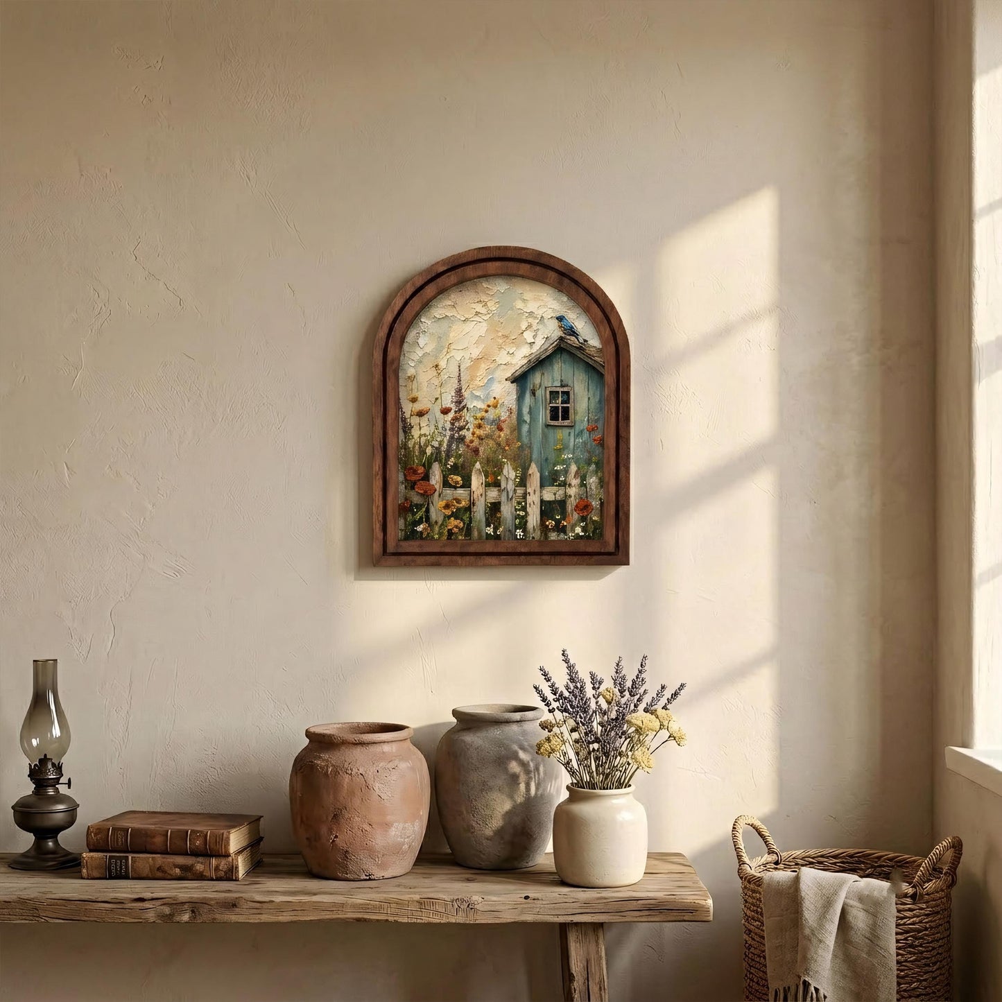 Charming Cottage Garden Wall Art, Rustic Blue Cottage and Wildflower Meadow, Arched Wood Frame, Farmhouse Floral Decor, Nature Lover Gift - Image 7