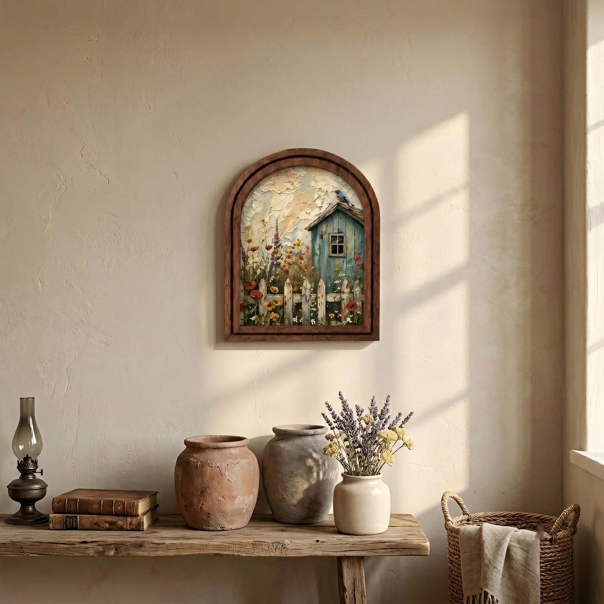 Charming Cottage Garden Wall Art, Rustic Blue Cottage and Wildflower Meadow, Arched Wood Frame, Farmhouse Floral Decor, Nature Lover Gift - Image 7