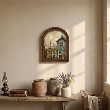 Charming Cottage Garden Wall Art, Rustic Blue Cottage and Wildflower Meadow, Arched Wood Frame, Farmhouse Floral Decor, Nature Lover Gift - Image 7