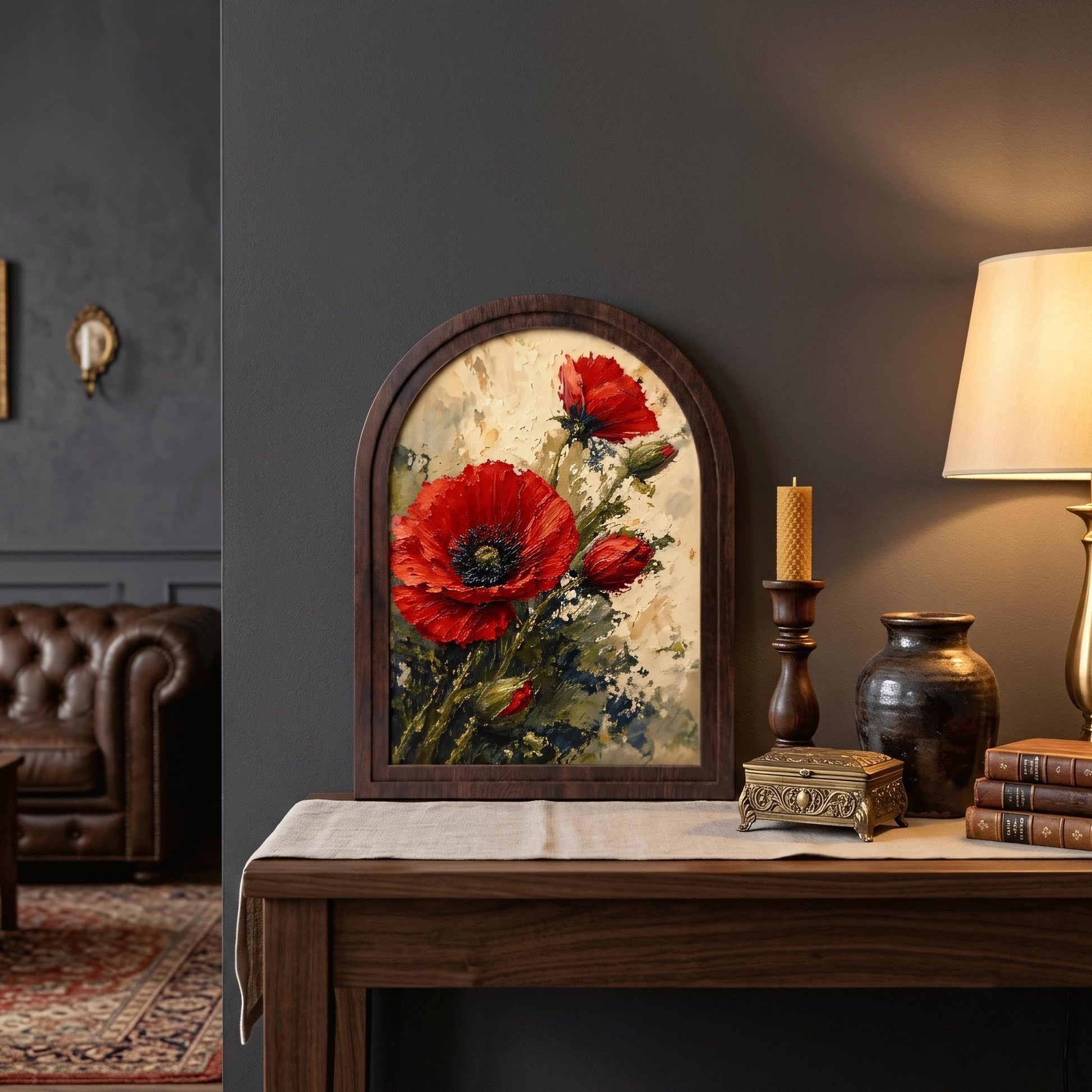 Red Poppy Wall Art in Arched Wood Frame, Vintage Botanical Canvas Print, Vibrant Floral Decor, Rustic Home Accent for Living Room - Image 4