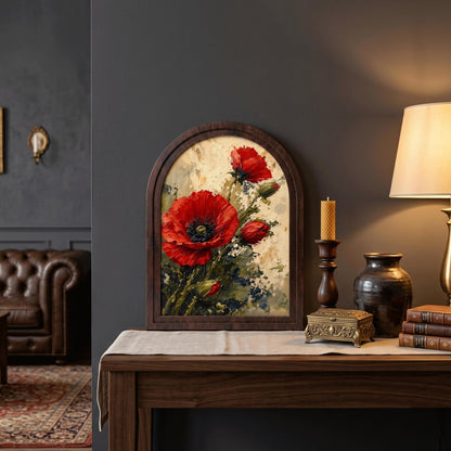 Red Poppy Wall Art in Arched Wood Frame, Vintage Botanical Canvas Print, Vibrant Floral Decor, Rustic Home Accent for Living Room - Image 4