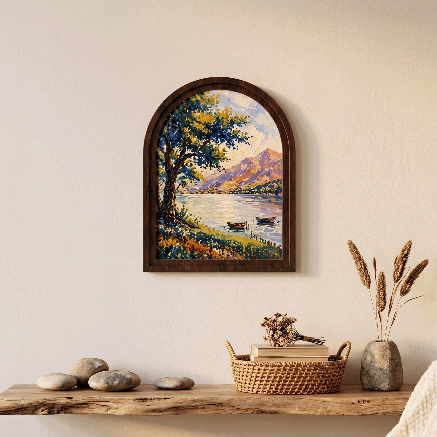 Arched Framed Mountain Lake Wall Art, Scenic Tree & Boat Landscape Painting, Wooden Frame Nature Decor, Vintage Home Accent - Image 2